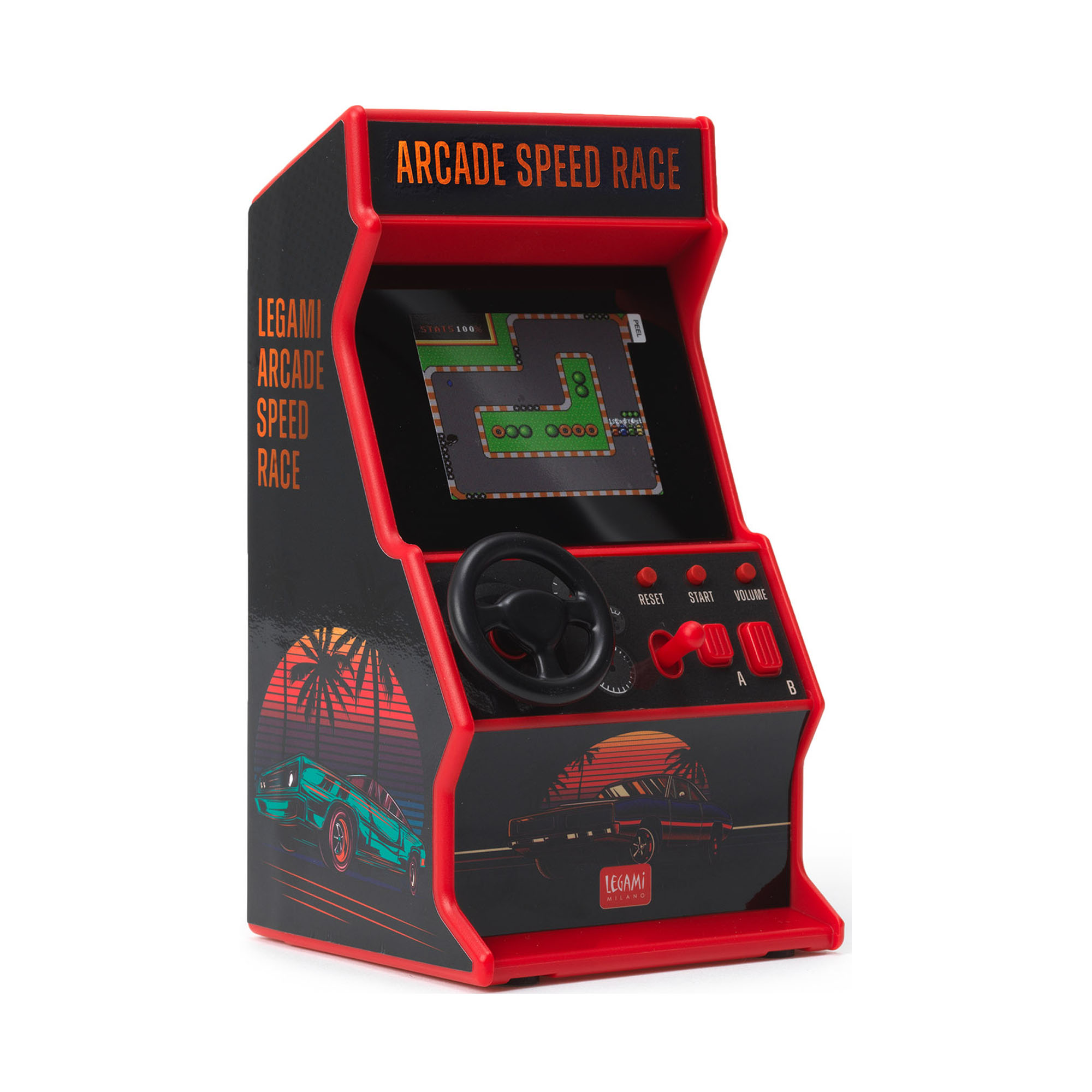 Rotes Mini-Arcade-Rennspiel, schräg von vorn mit Lenkrad, Tasten und Bildschirm gezeigt.