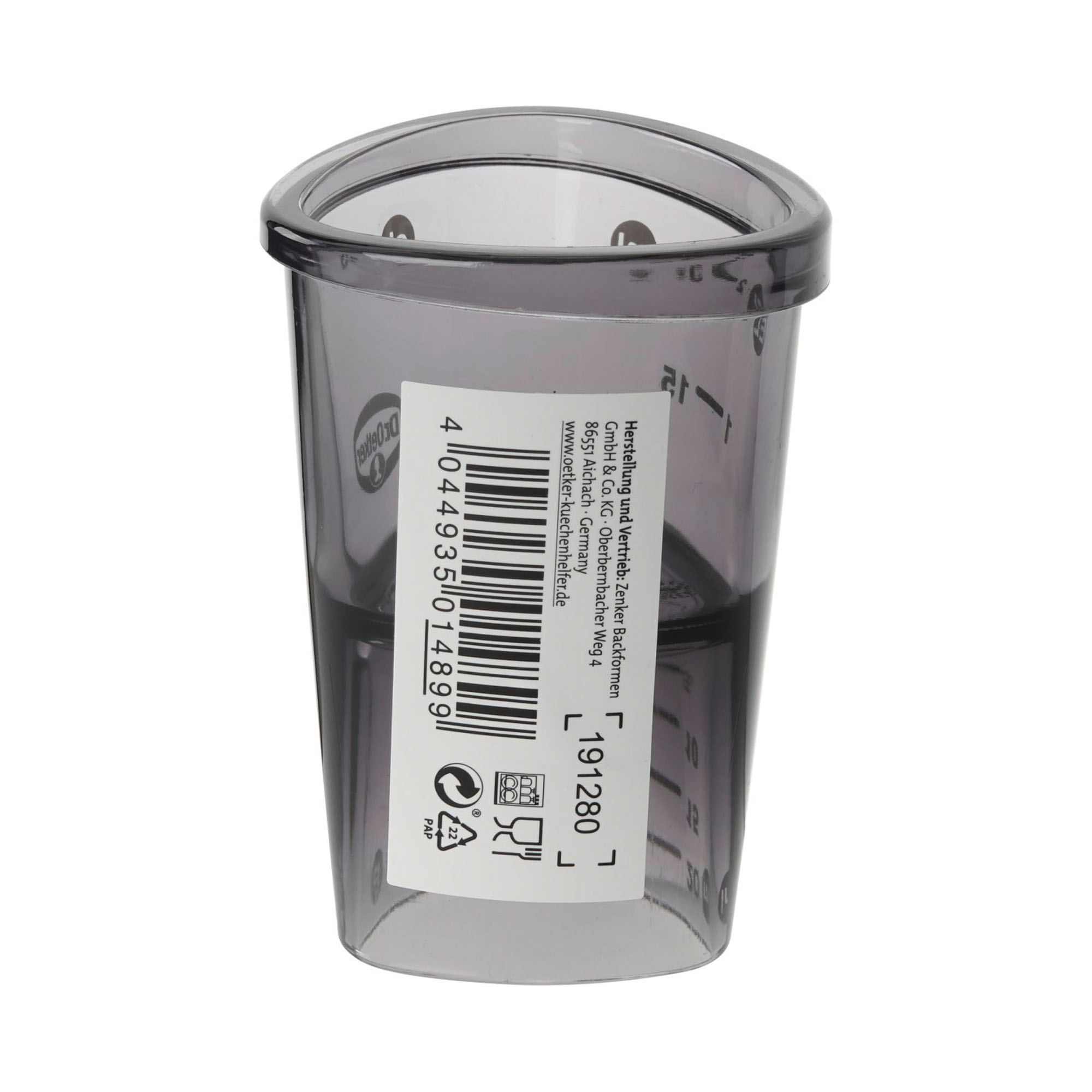 Messbecher mit Barcode und Herstellerangaben auf der Rückseite
