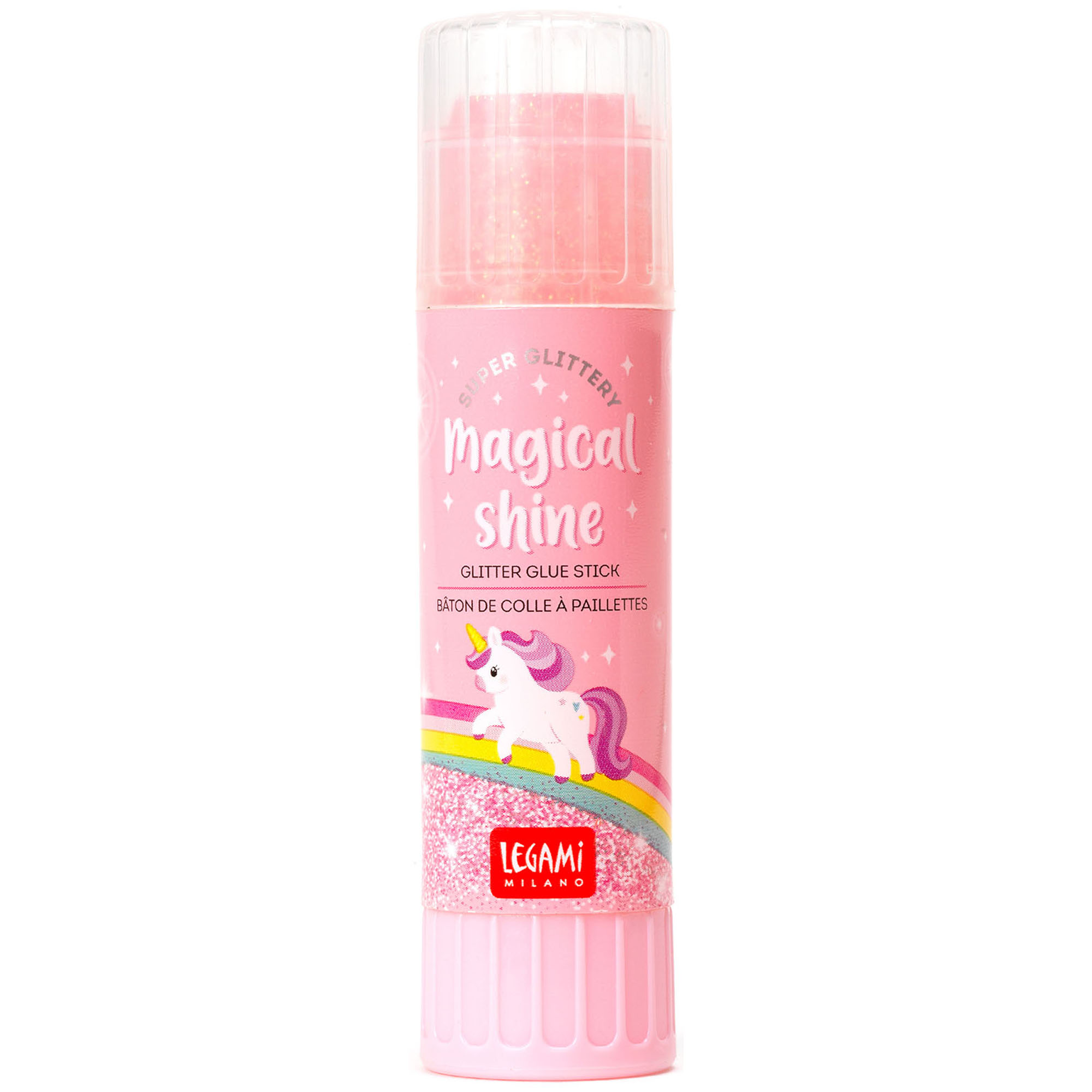 Rosa Glitzer-Klebestift im Einhorn-Design, senkrecht mit transparenter Kappe und rosa Einhornetikett dargestellt.