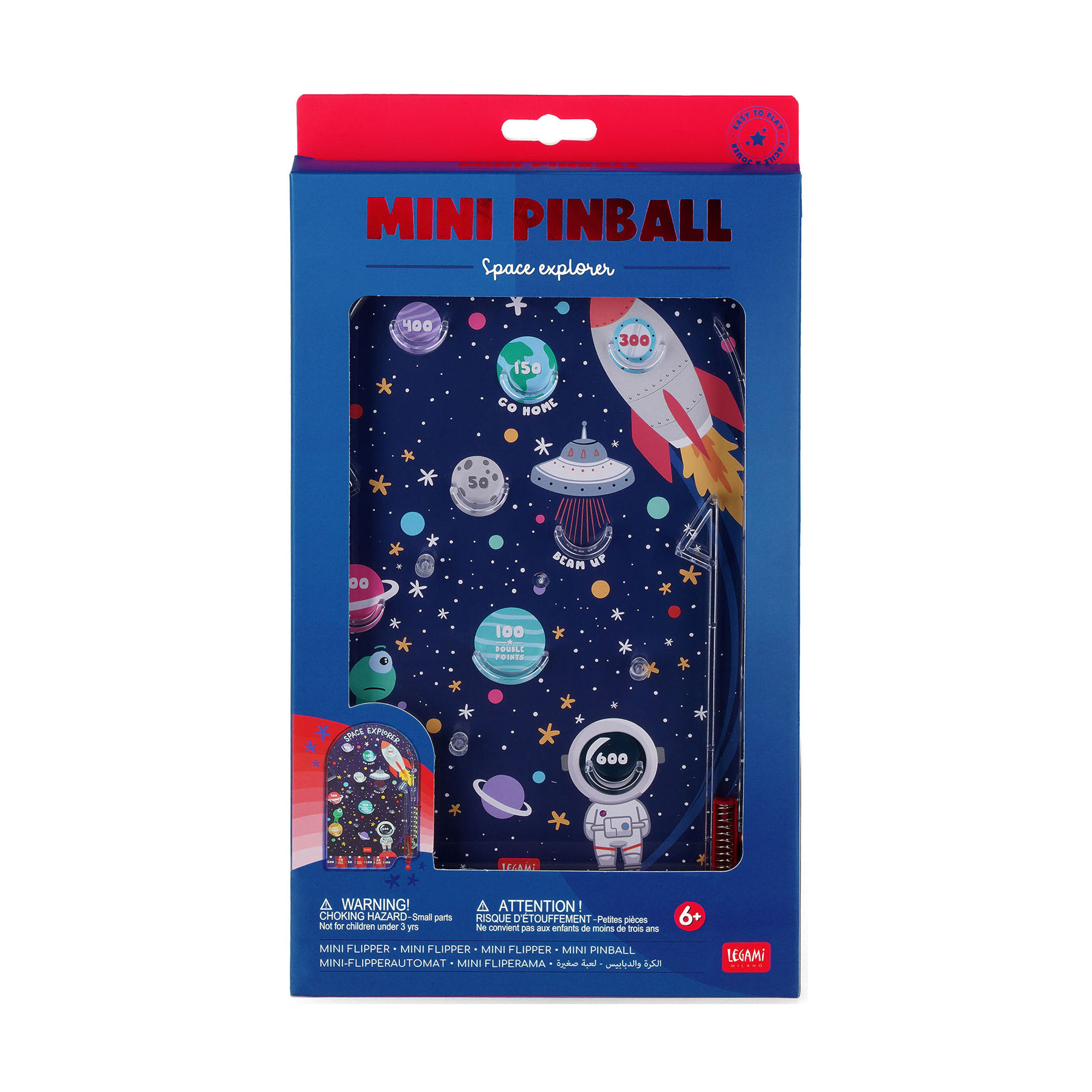 Mini-Flipperspiel mit Weltraummotiv, in einer dunkelblauen Kartonverpackung abgebildet.