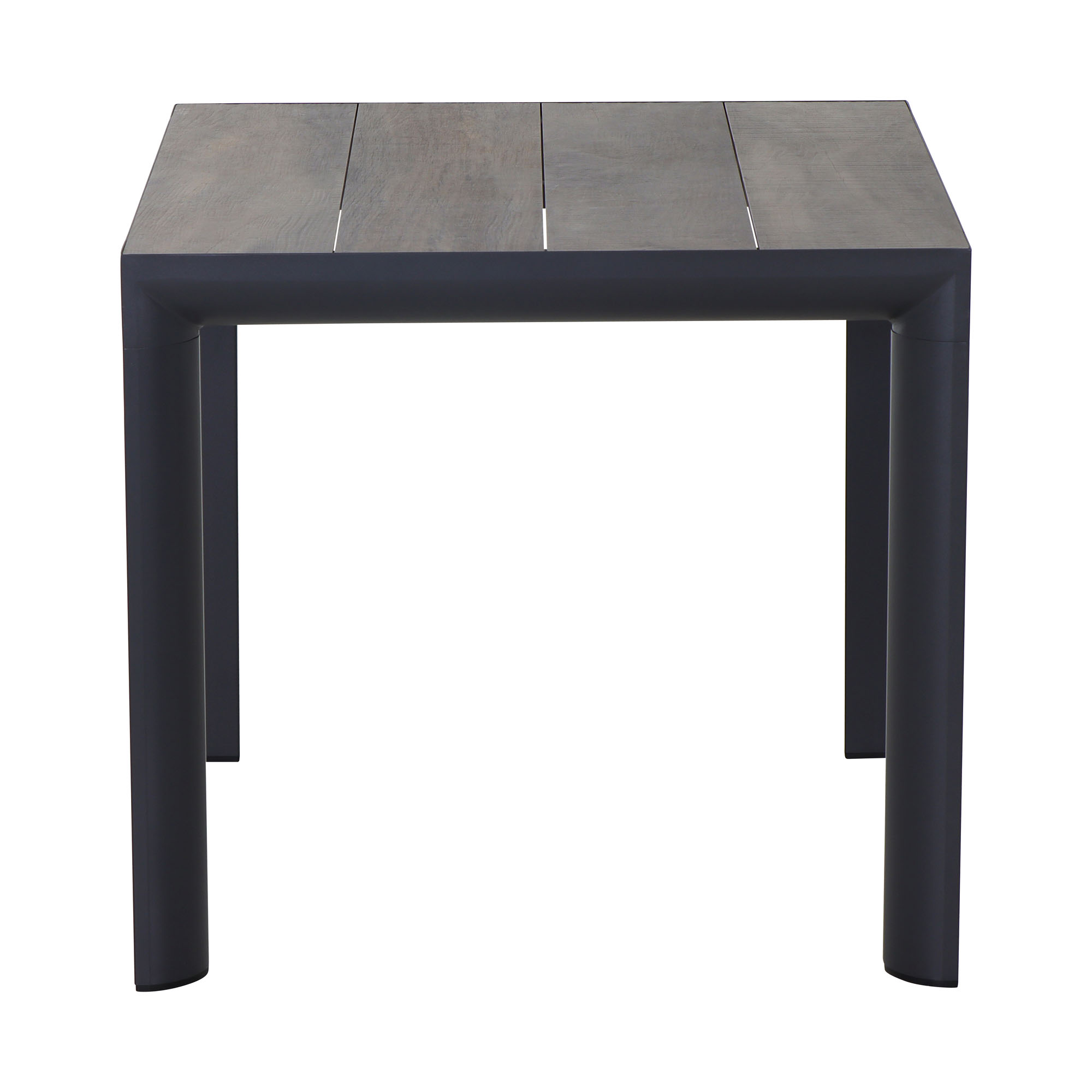 Ein quadratischer Tisch mit Holzoptikplatte und dunklem Gestell, die Tischbeine sind leicht abgerundet.