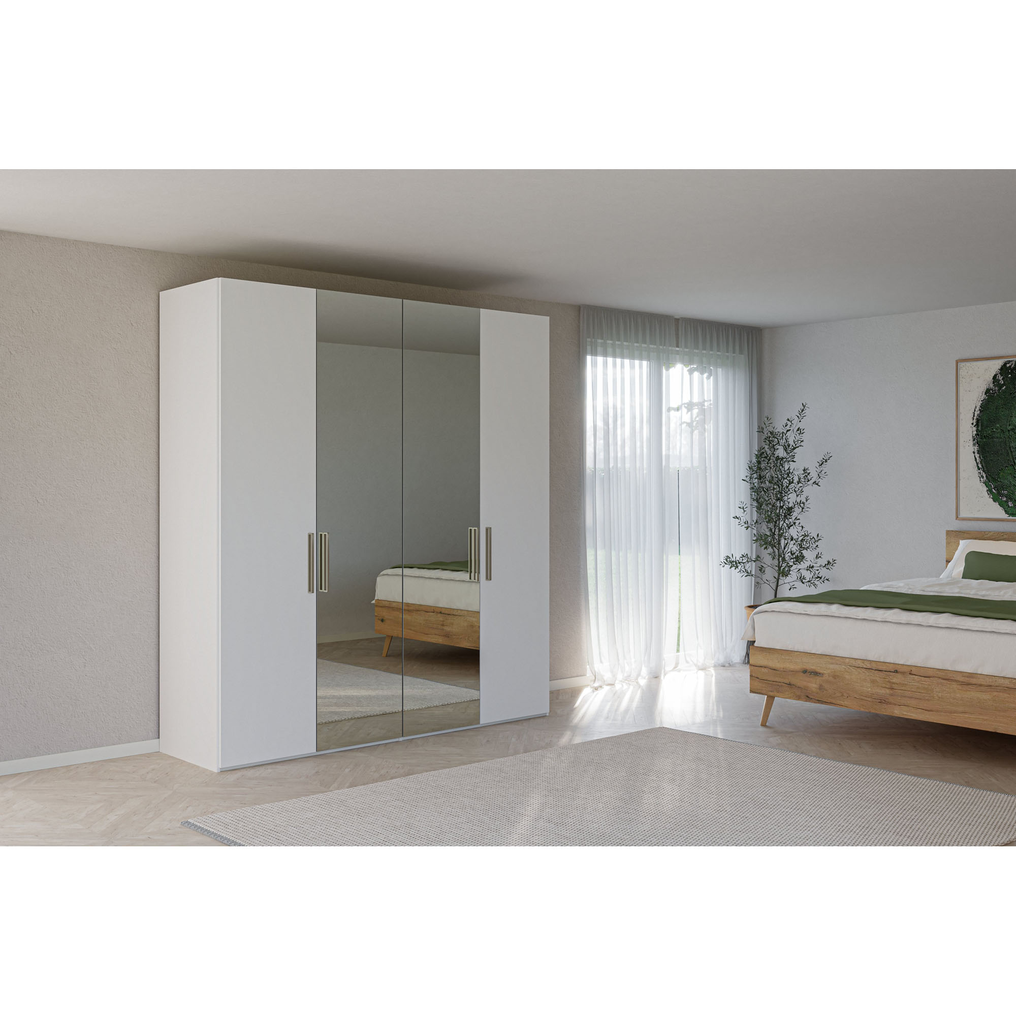 Vier­türiger Kleiderschrank mit Spiegeltüren in einem Schlafzimmer platziert