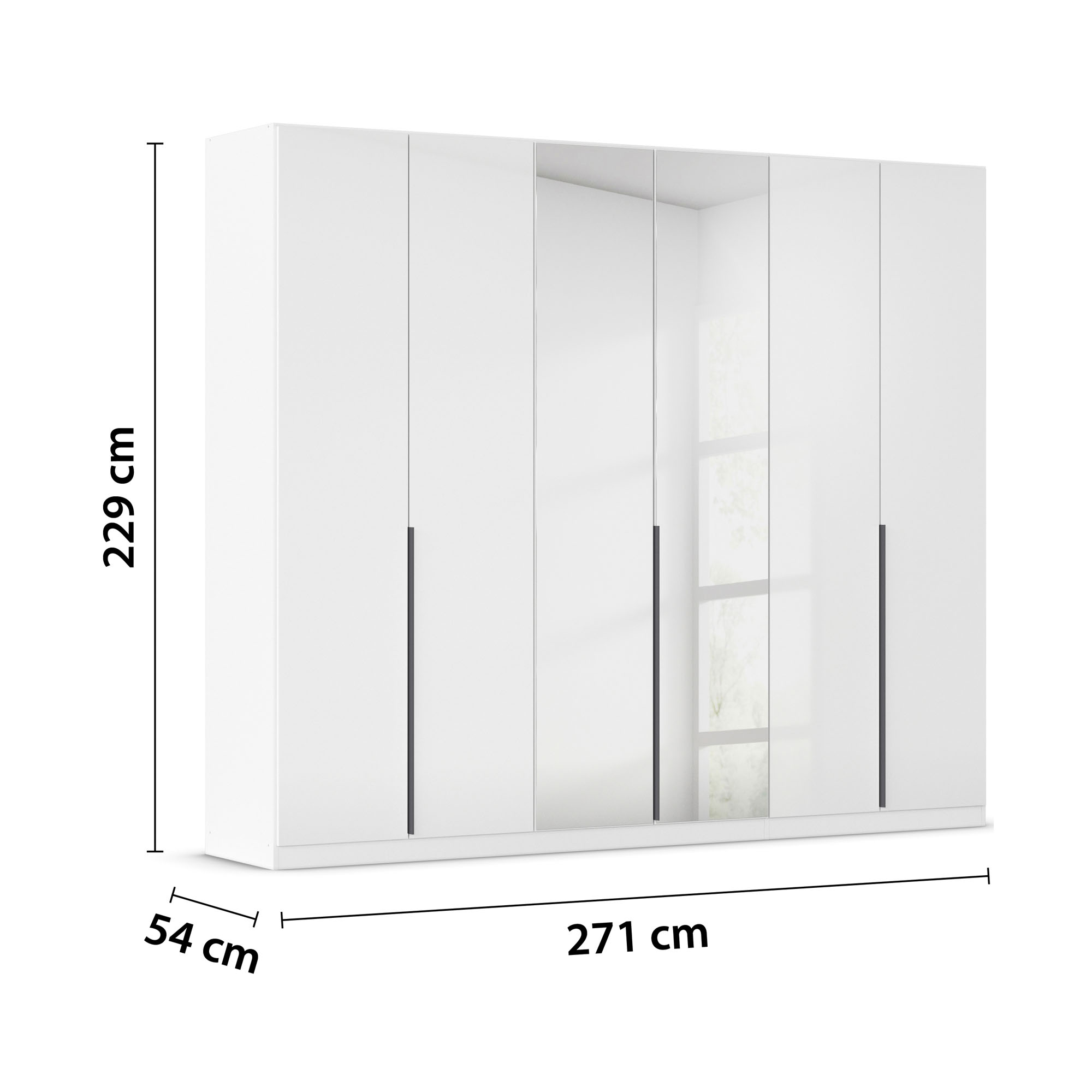 Großer Drehtürenschrank in Weiß Hochglanz mit sechs Türen und zwei Spiegeltüren inklusive Maßangaben 271 cm Breite, 229 cm Höhe und 54 cm Tiefe