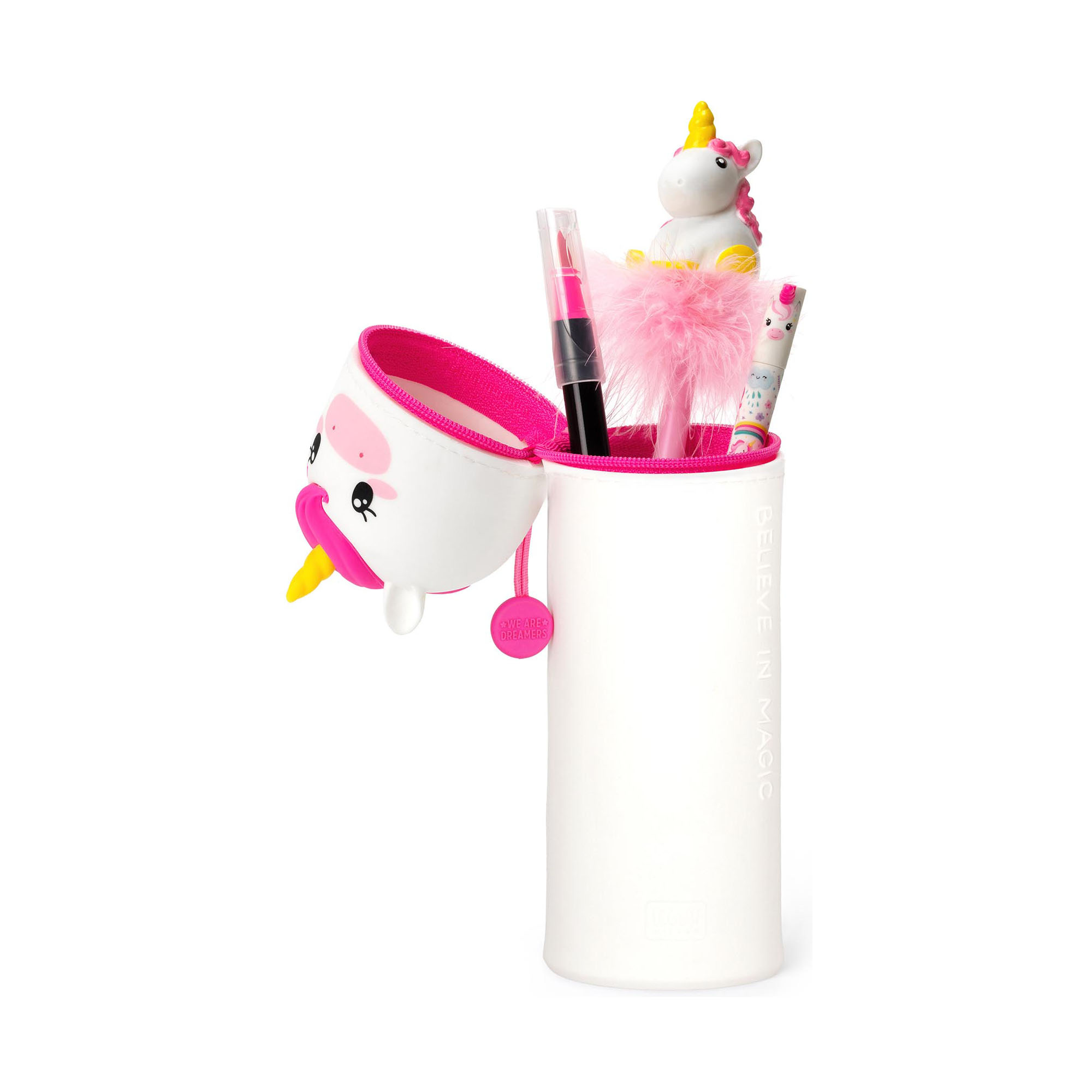 Weißes 2-in-1-Silikon-Federmäppchen im Einhorn-Design, geöffnet und nach unten geschoben als Stiftebecher mit eingesetzten Stiften gezeigt.