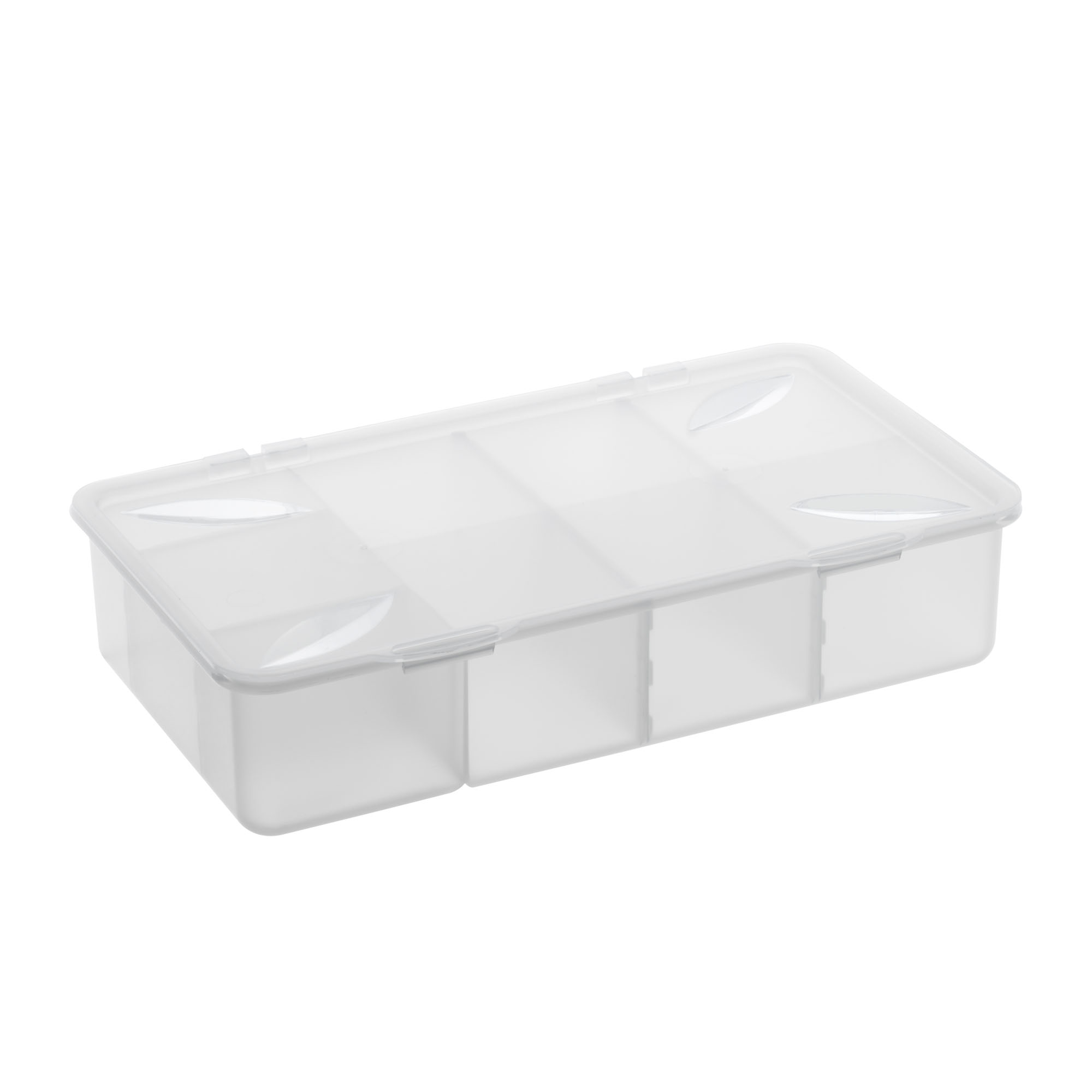 Transparente Kunststoffbox mit Deckel und sechs gleich großen Fächern zur Aufbewahrung kleiner Gegenstände