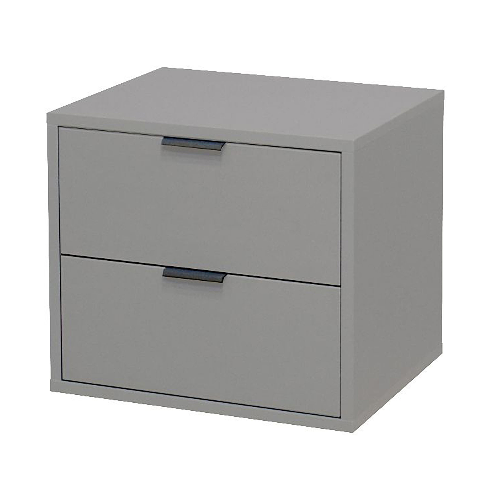 Eleganter grauer Nachttisch mit zwei grifflosen Schubladen und klaren Linien, moderne Optik