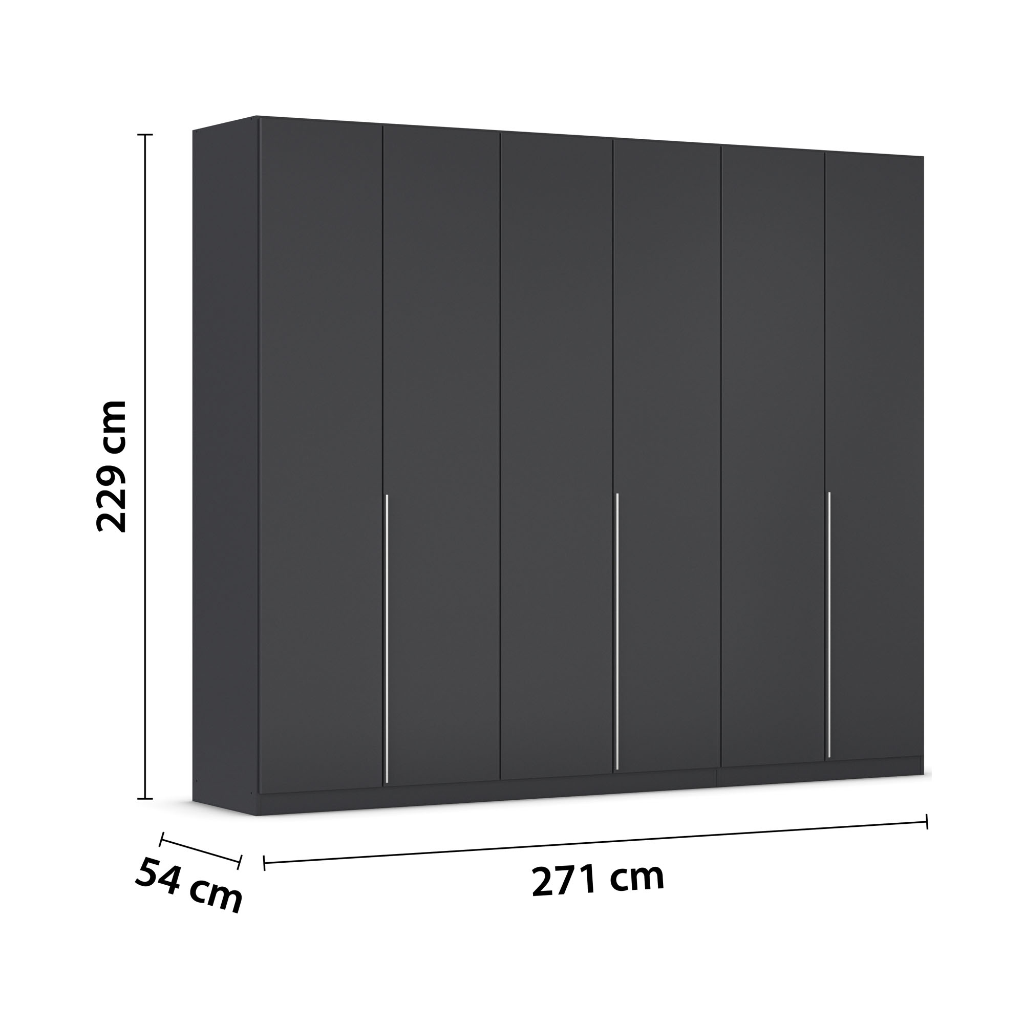 Grau-Metallicer Kleiderschrank mit Maßangaben 271 cm Breite, 229 cm Höhe und 54 cm Tiefe