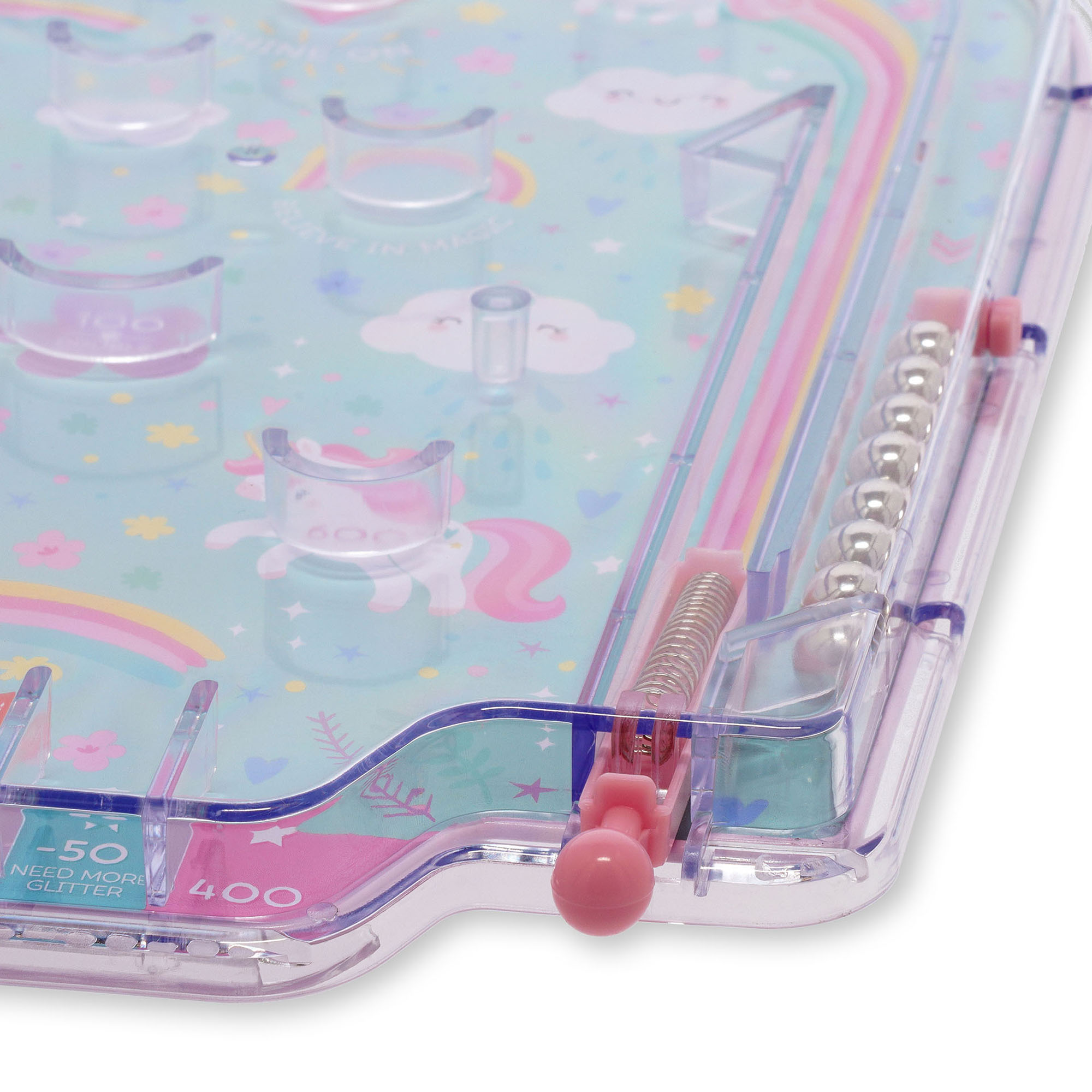 Mini-Flipperspiel im Einhorn-Design, in Nahaufnahme mit transparentem Spielfeld und rotem Abschussmechanismus gezeigt.