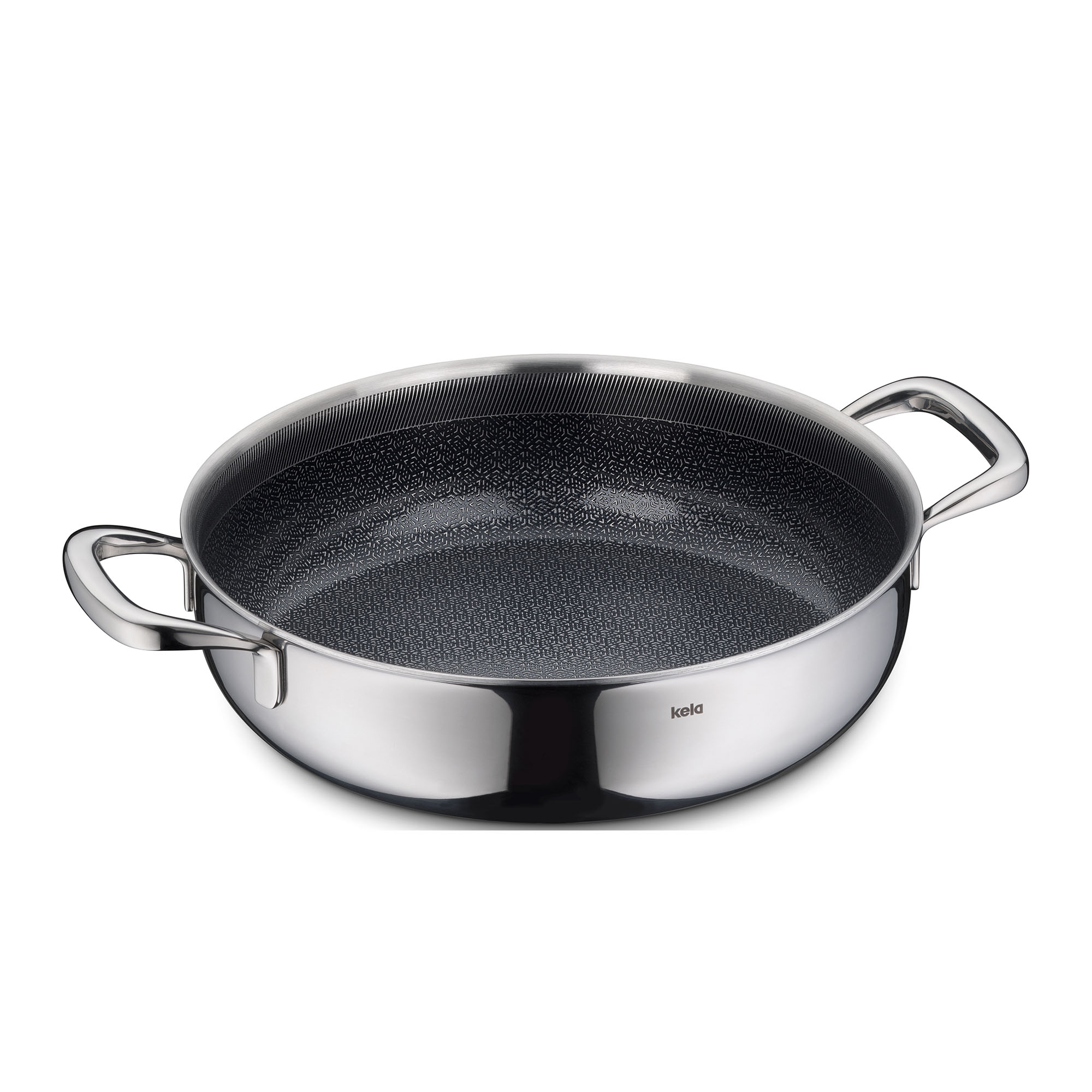 Runde schwarze Servierpfanne mit zwei seitlichen Metallgriffen auf hellem Hintergrund