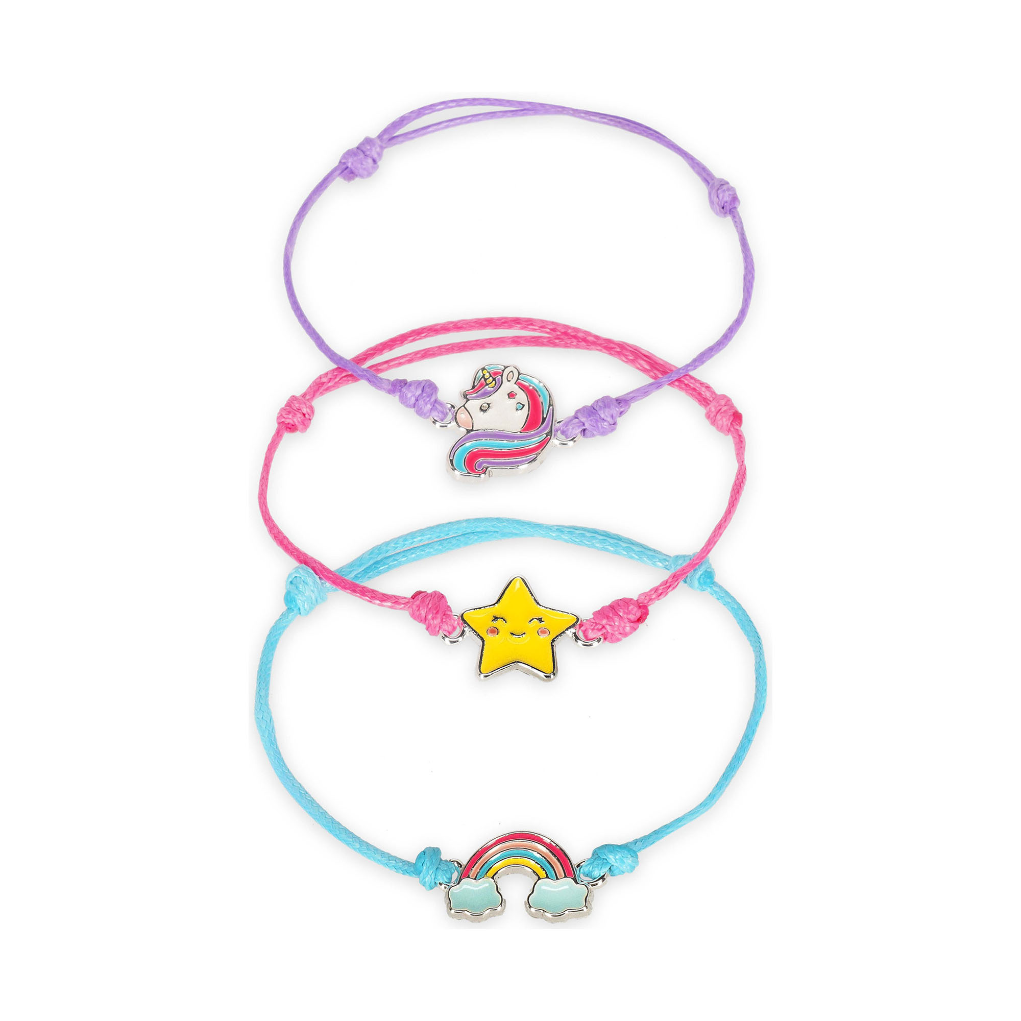 Drei Armbänder mit Einhorn-, Stern- und Regenbogenanhänger, mit drei Armbändern locker überlappend gezeigt.