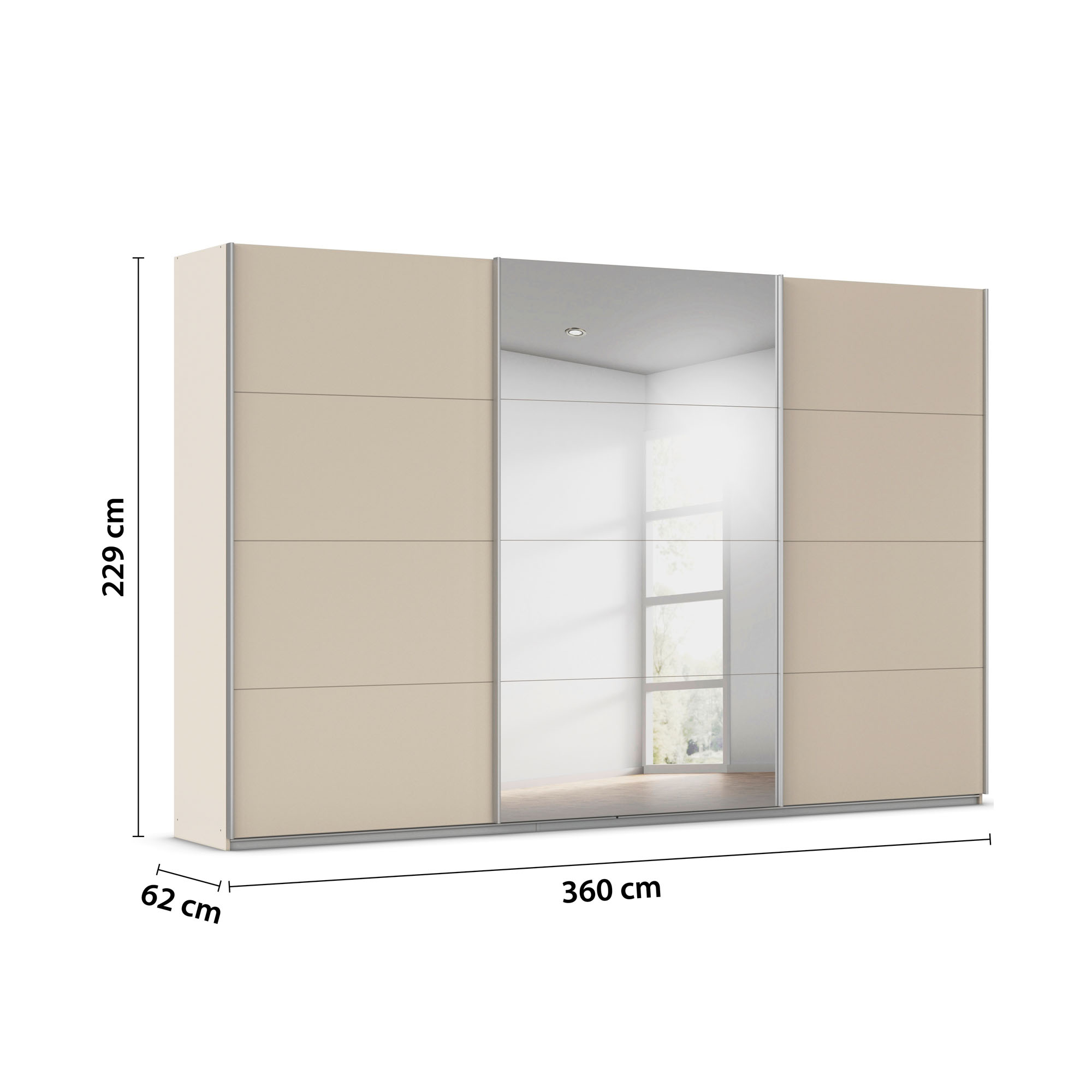 Kleiderschrank mit angegebenen Maßen 360 cm Breite, 229 cm Höhe und 62 cm Tiefe