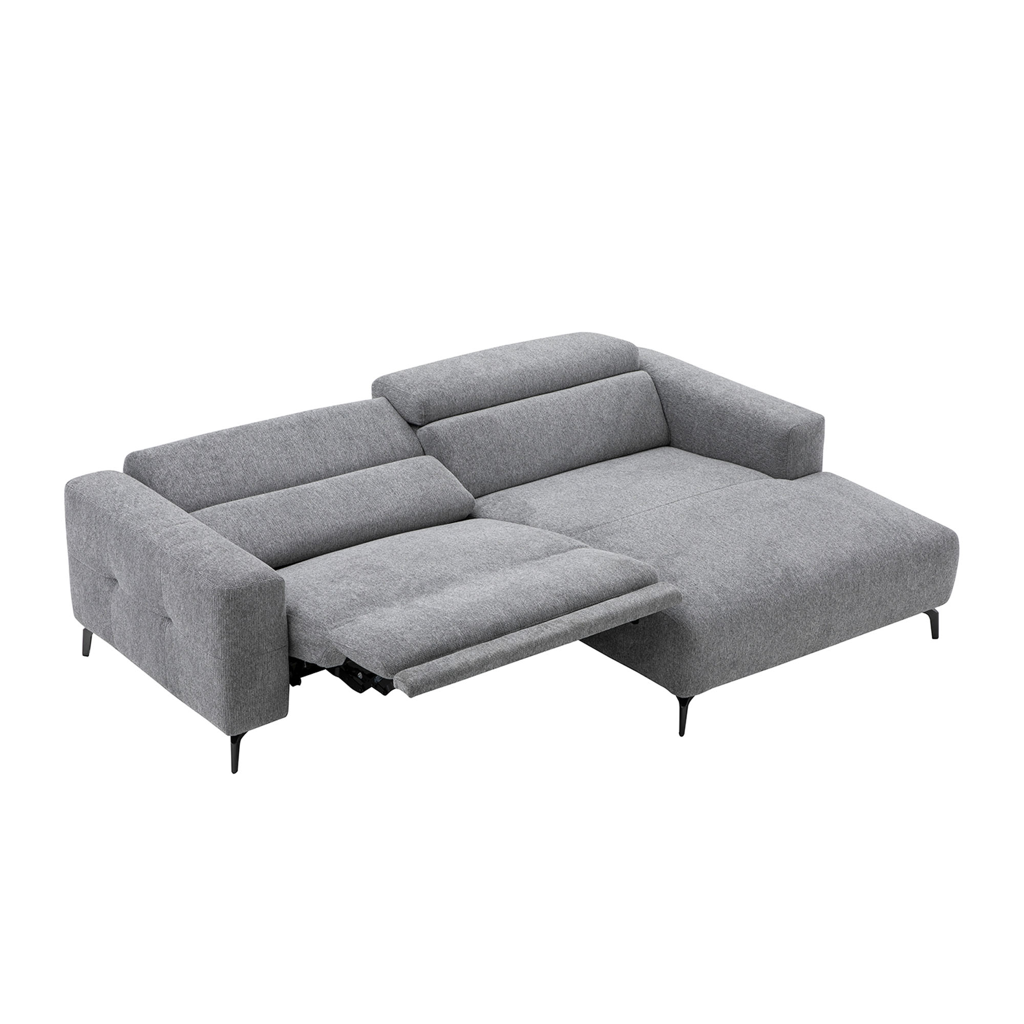 Graues Ecksofa mit mehreren ausgeklappten Sitz- und Liegeflächen in flacher Position