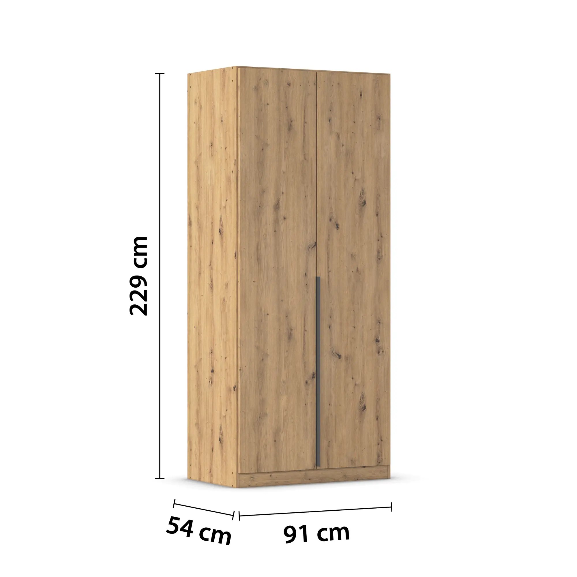 2-türiger Kleiderschrank in Eiche Artisan mit Maßangaben Breite 91 cm, Höhe 229 cm und Tiefe 54 cm