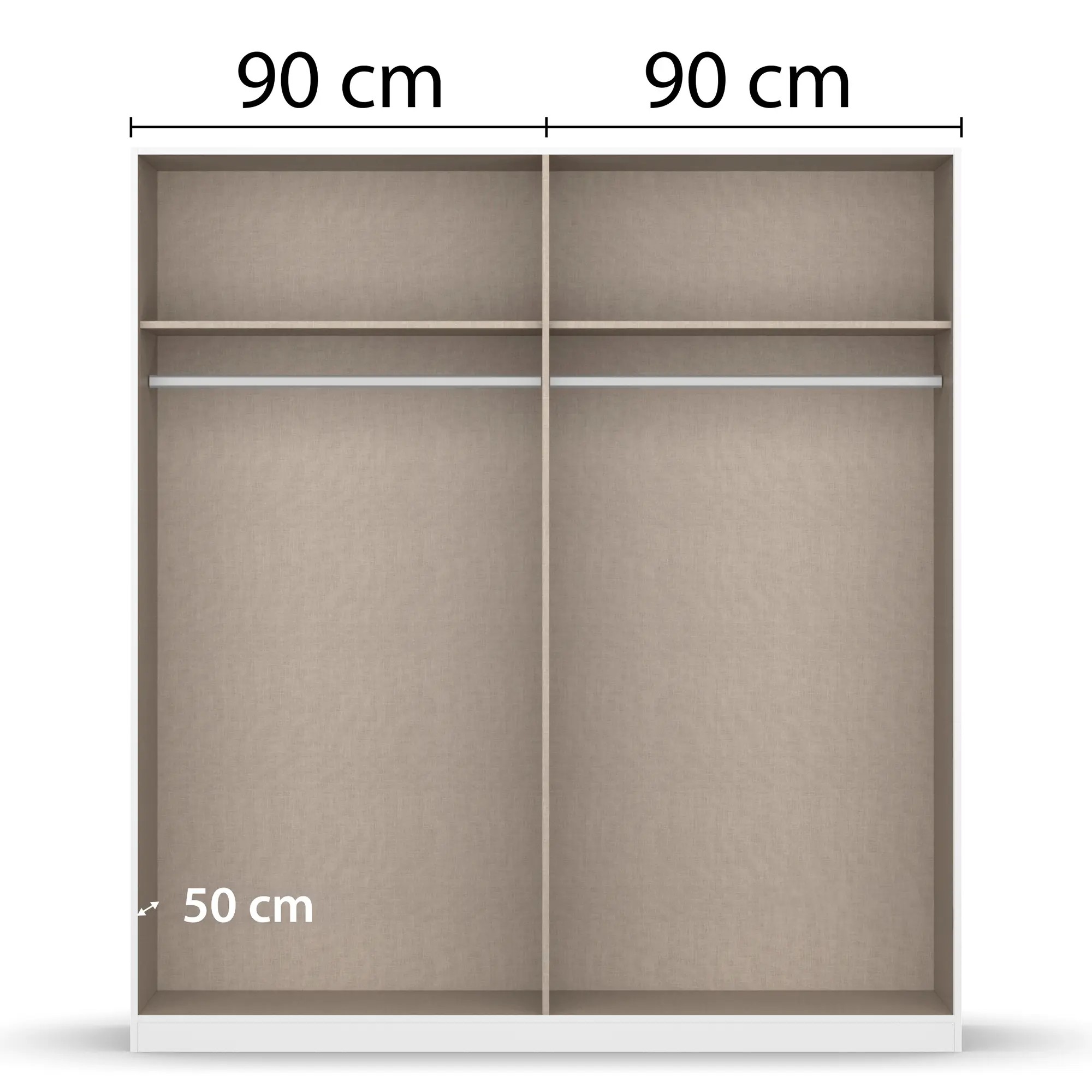 Innenansicht eines Kleiderschranks mit zwei gleich großen Bereichen à 90 cm Breite und Kleiderstangen sowie Ablagefächern