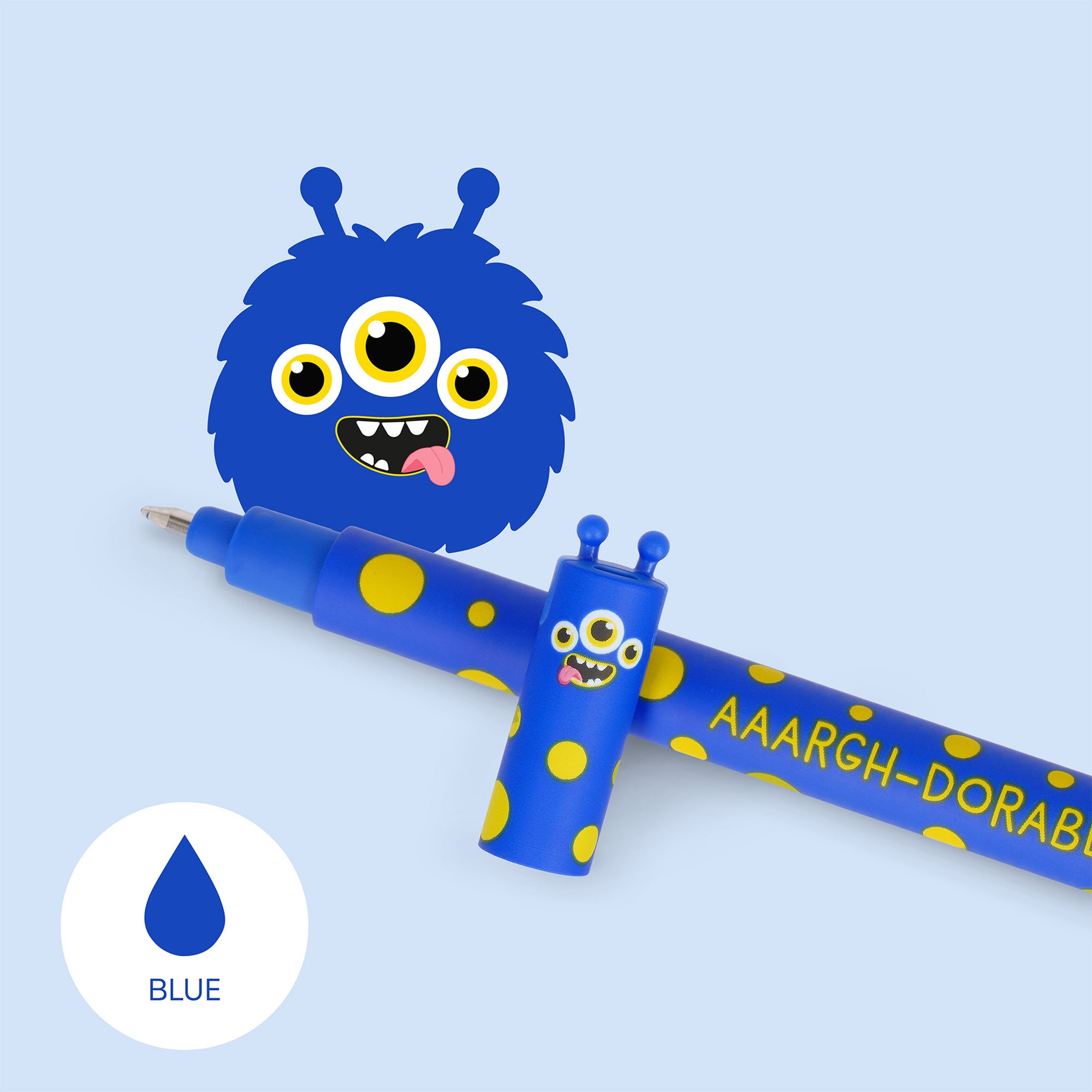 Blau-gelber Gelstift mit großer Monsterfigur als Kappe vor hellblauem Hintergrund; ein Symbol weist auf blaue Tinte hin.