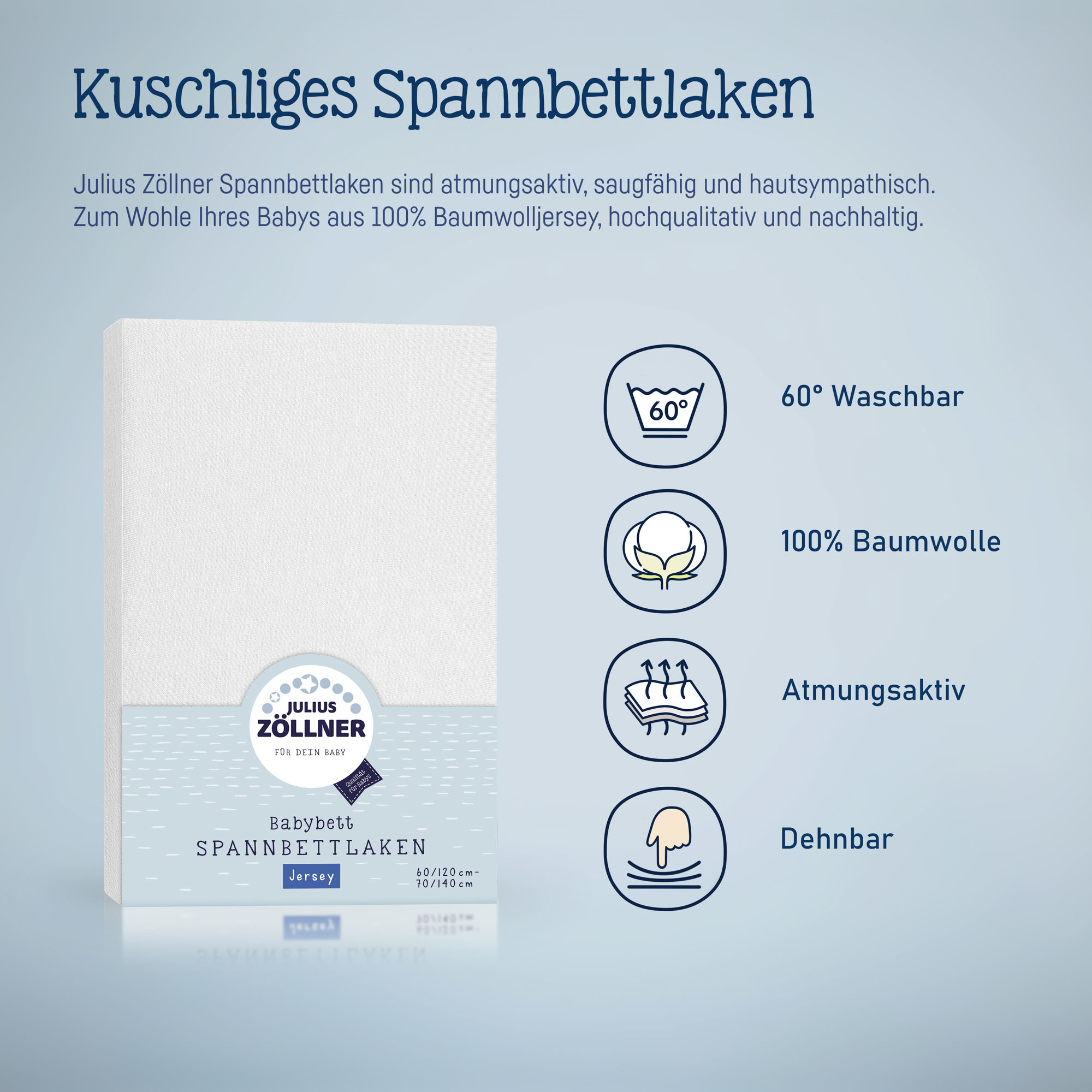 Produktabbildung eines weißen Julius Zöllner Spannbettlakens mit Symbolen zu Waschen, Baumwolle, Atmungsaktivität und Dehnbarkeit auf blauem Hintergrund