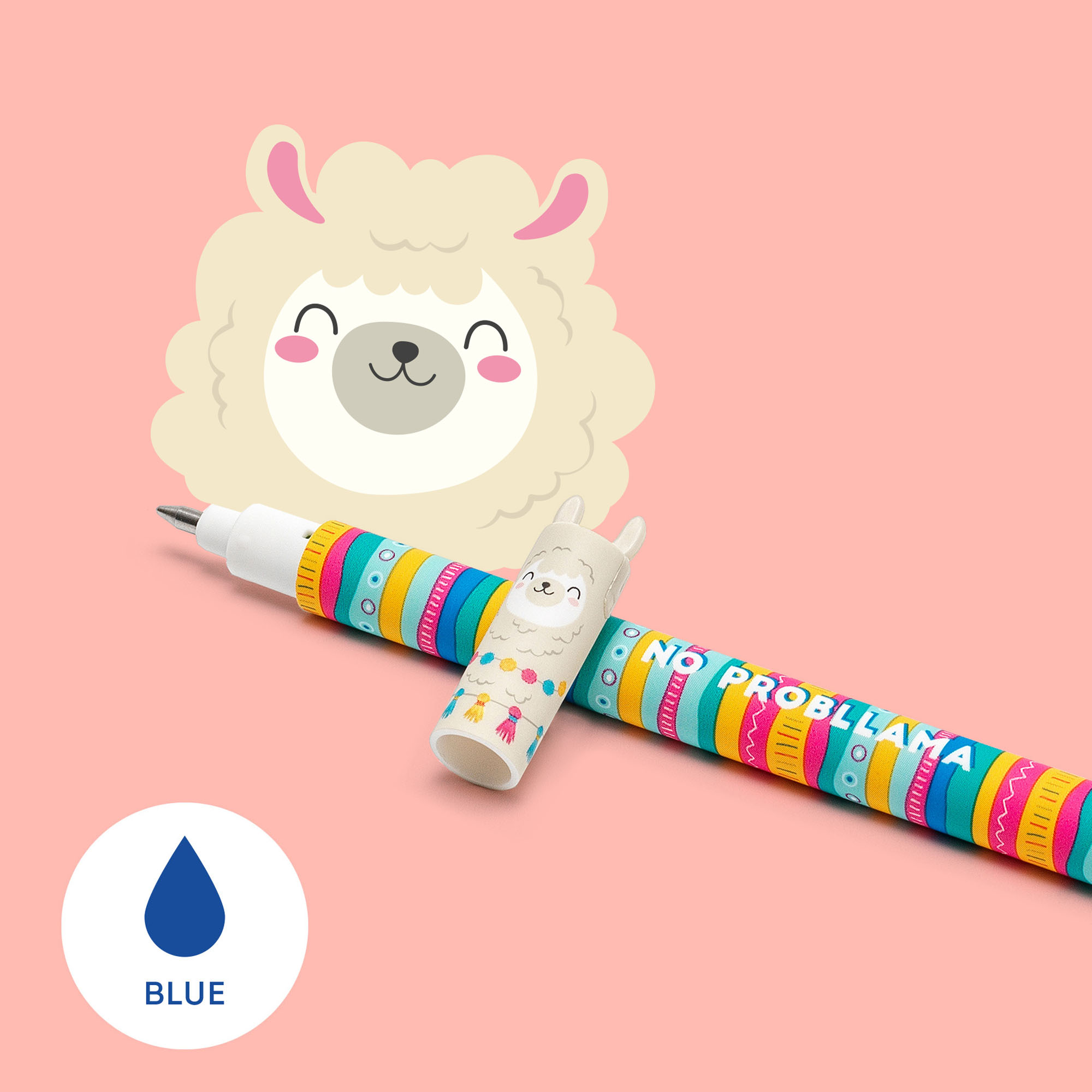 Bunt gestreifter Gelstift mit großer Lamafigur als Kappe vor rosafarbenem Hintergrund; ein Farbsymbol zeigt blaue Tinte.