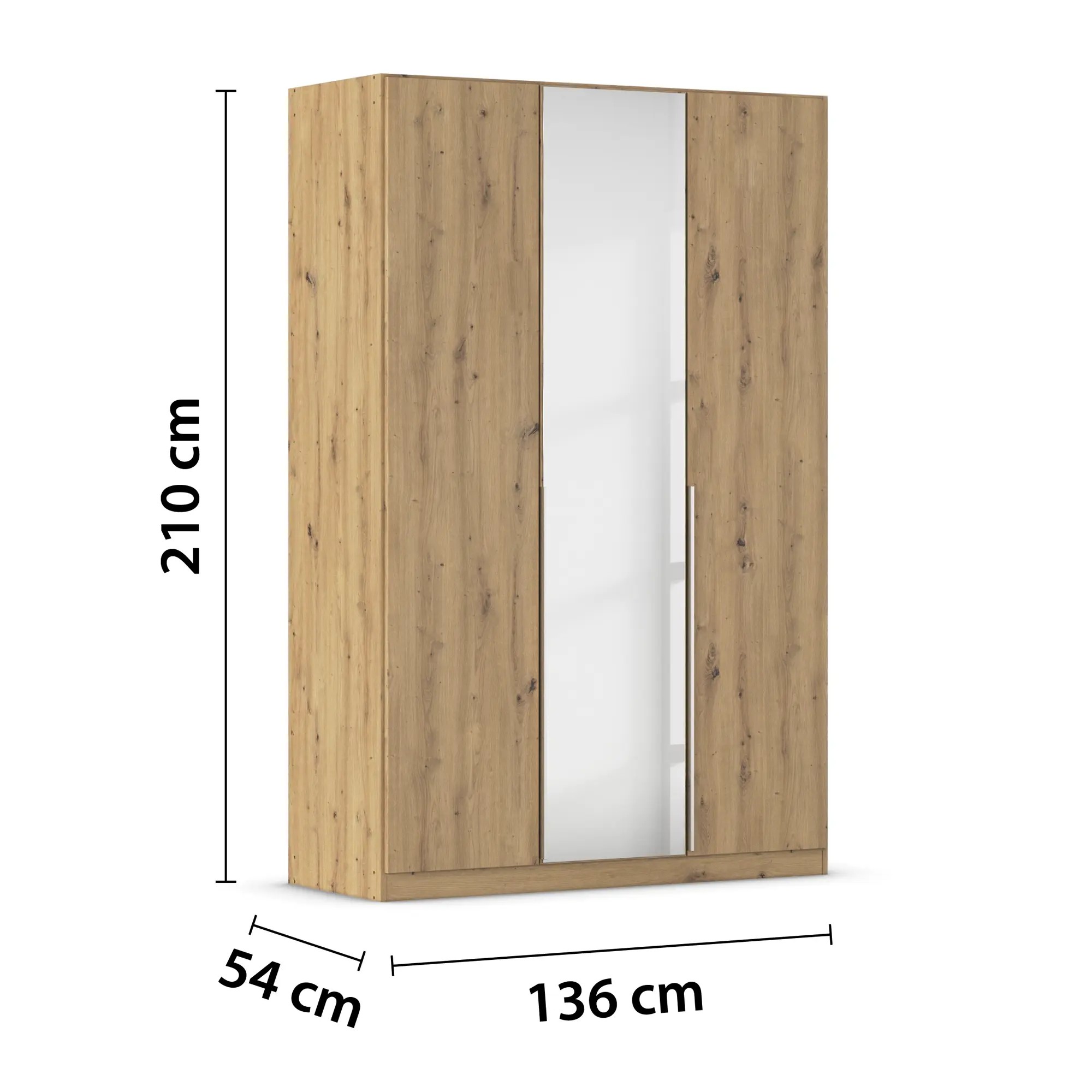 Kleiderschrank in Eiche Artisan  mit Spiegeltür und eingezeichneten Maßen von 210 cm Höhe, 136 cm Breite und 54 cm Tiefe
