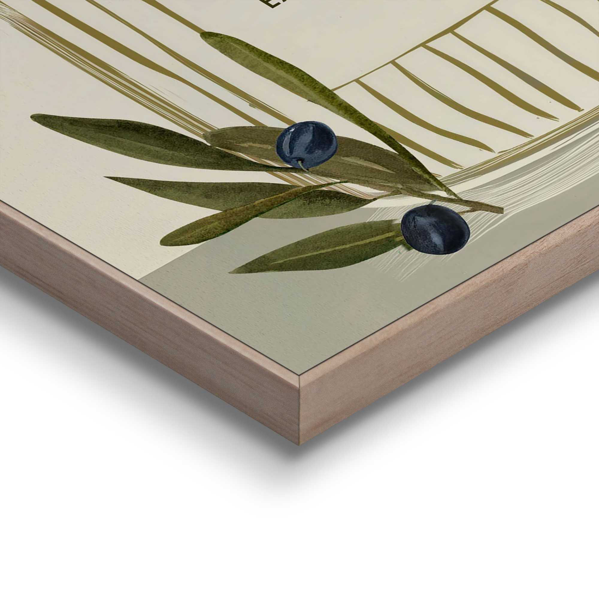 Detailaufnahme einer Ecke des Wandbilds „Olive Oil Bottle“, 30 × 40 cm; Oberfläche, Kante und Materialstärke sind sichtbar.