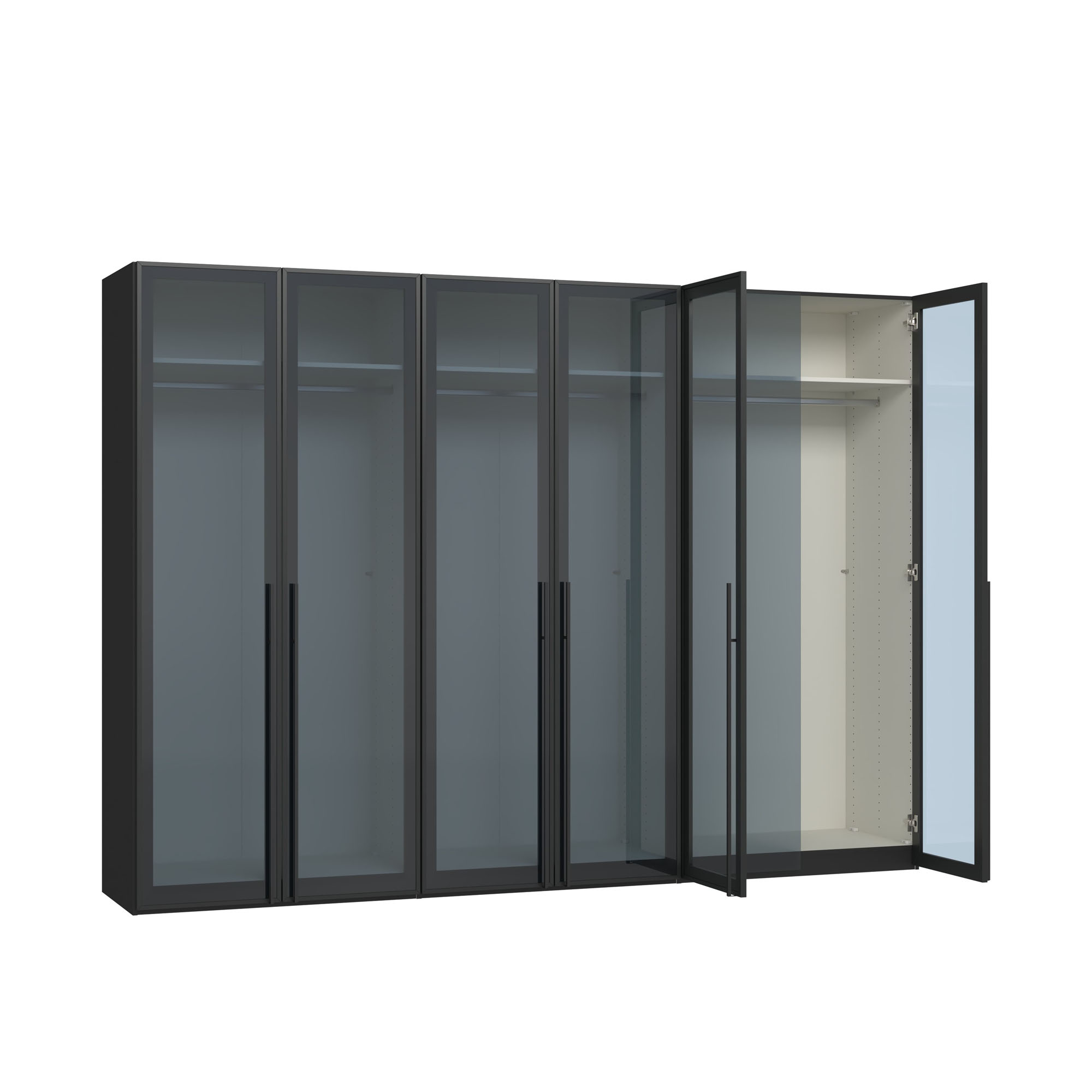 Drehtürenschrank mit teilweise geöffneten Glastüren und sichtbarem Innenraum