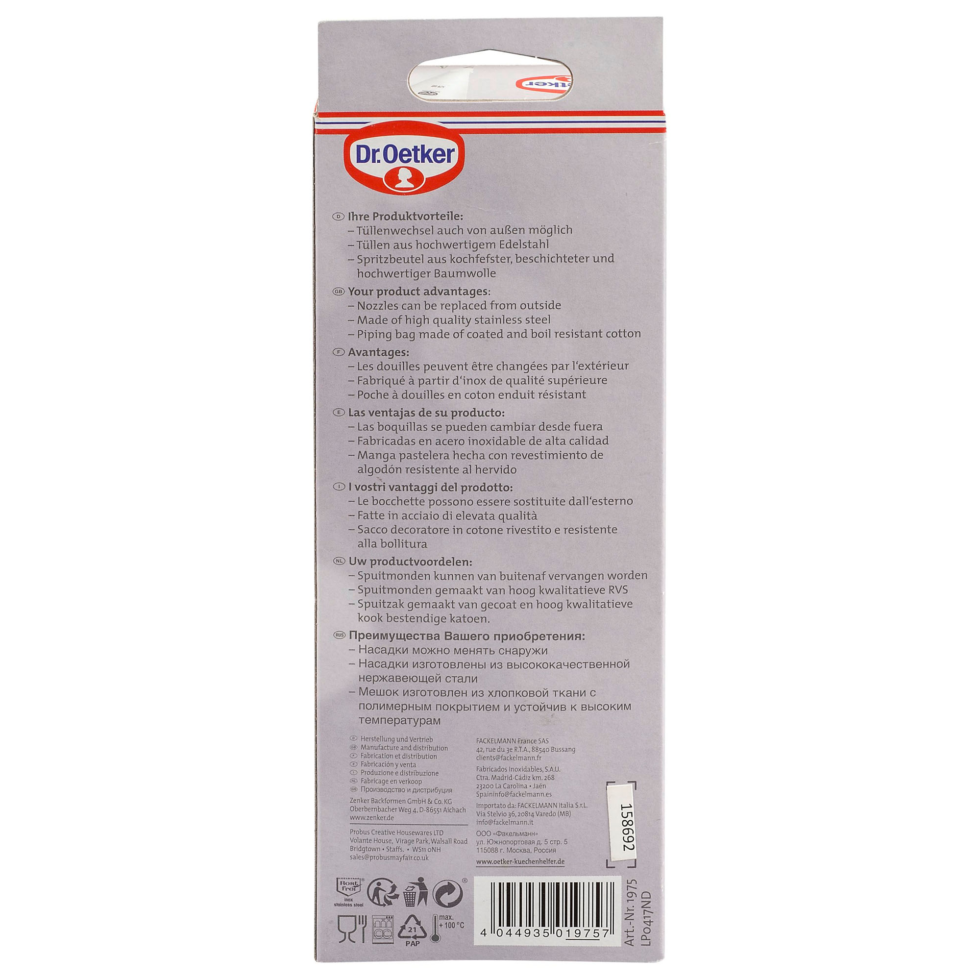Rückseite der Verpackung mit Produktinfos zum Spritzbeutel Set