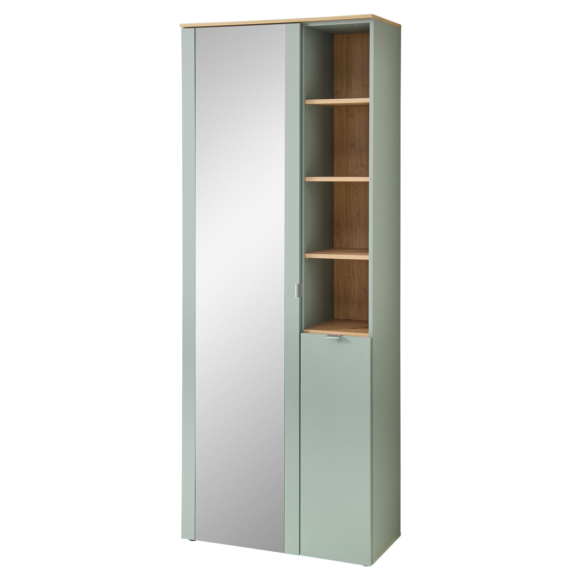 Hoher Garderobenschrank in Grün mit großer Spiegeltür links und offenen Holzfächern rechts, freigestellt vor weißem Hintergrund.