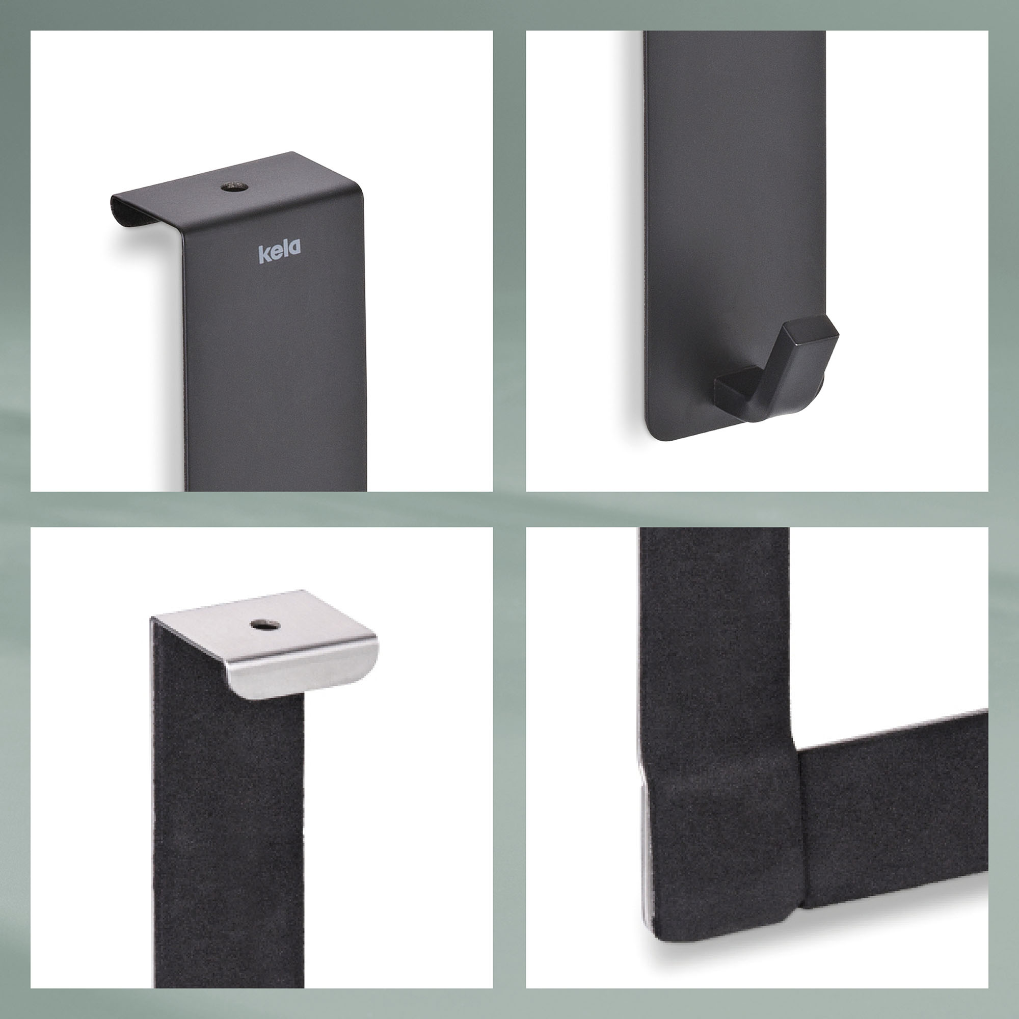Collage mit Türhalterung Hakenprofil Schutzauflage und pulverbeschichteter Oberfläche der Türgarderobe