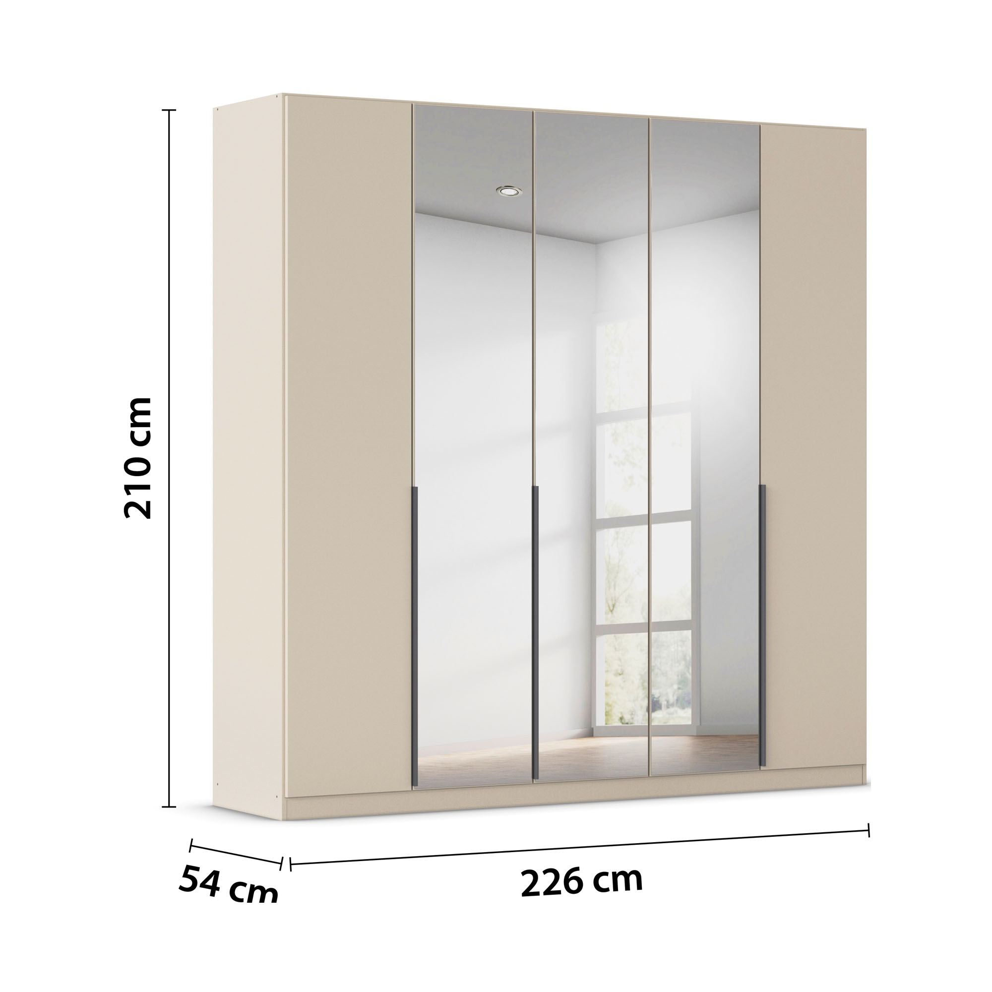 Champagnerfarbener 5-türiger Kleiderschrank mit Spiegel und Maßangaben Breite 226 cm, Höhe 210 cm und Tiefe 54 cm