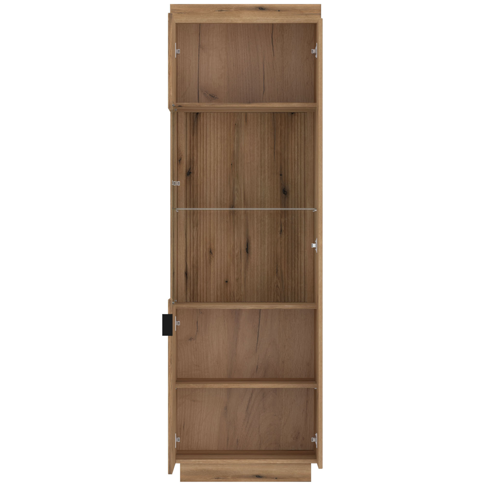Geöffnete Delamar Vitrine in Eiche Artisan mit mehreren Ablagefächern, Glaseinlegeboden und praktischem Stauraum für Geschirr, Dekoration und Wohnaccessoires