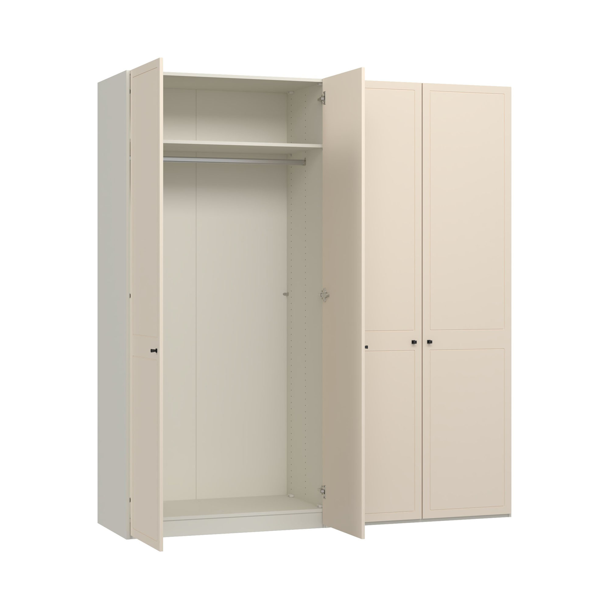 Kleiderschrank mit geöffneter Drehtür und sichtbarer Innenaufteilung