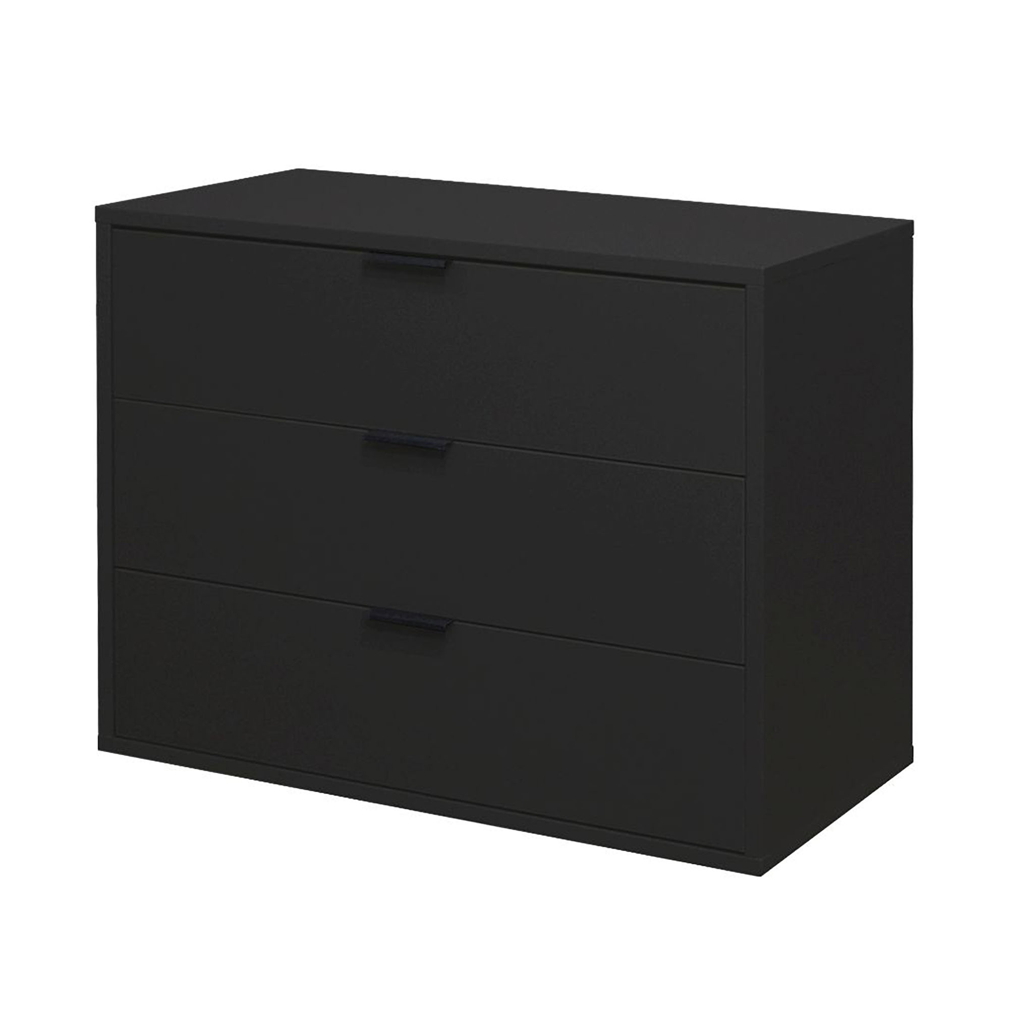 Schwarze Kommode mit drei geschlossenen Schubladen, schlichtes und elegantes Design