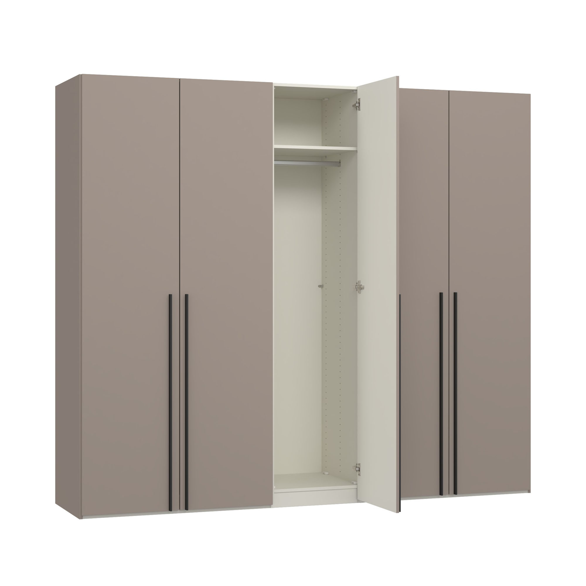 Fünftüriger Kleiderschrank mit mittig geöffneter Tür und Innenansicht mit Einlegeboden und Kleiderstange