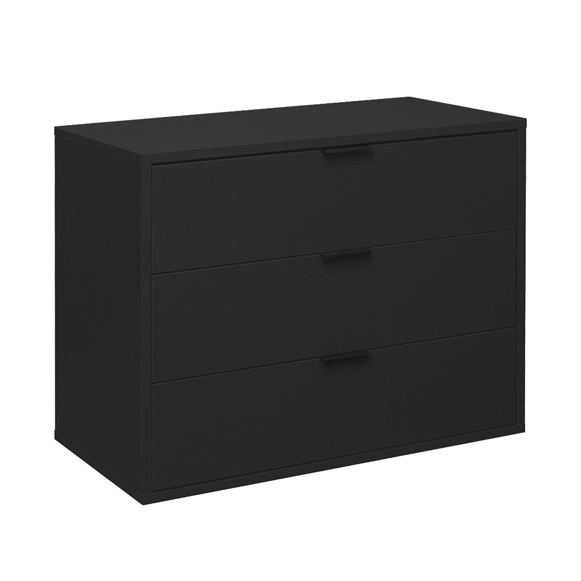 Moderne Kommode in Schwarz mit drei Schubladen und minimalistischen Griffmulden, seitlich betrachtet