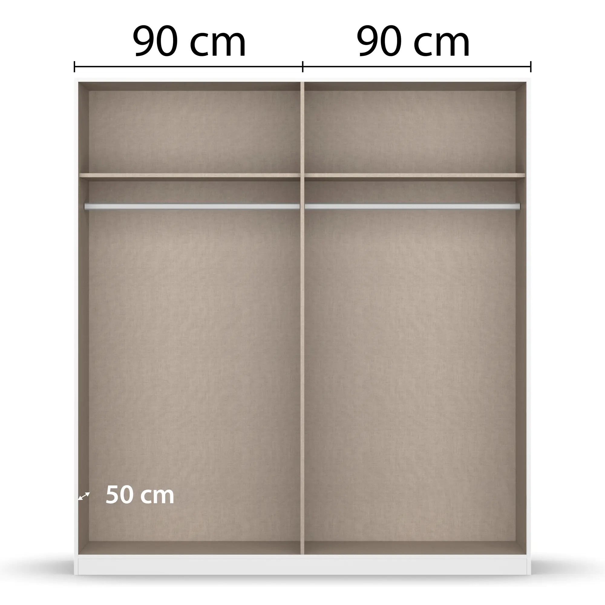 Innenansicht eines Kleiderschranks mit zwei gleich großen Bereichen à 90 cm Breite und Kleiderstangen sowie Ablagefächern