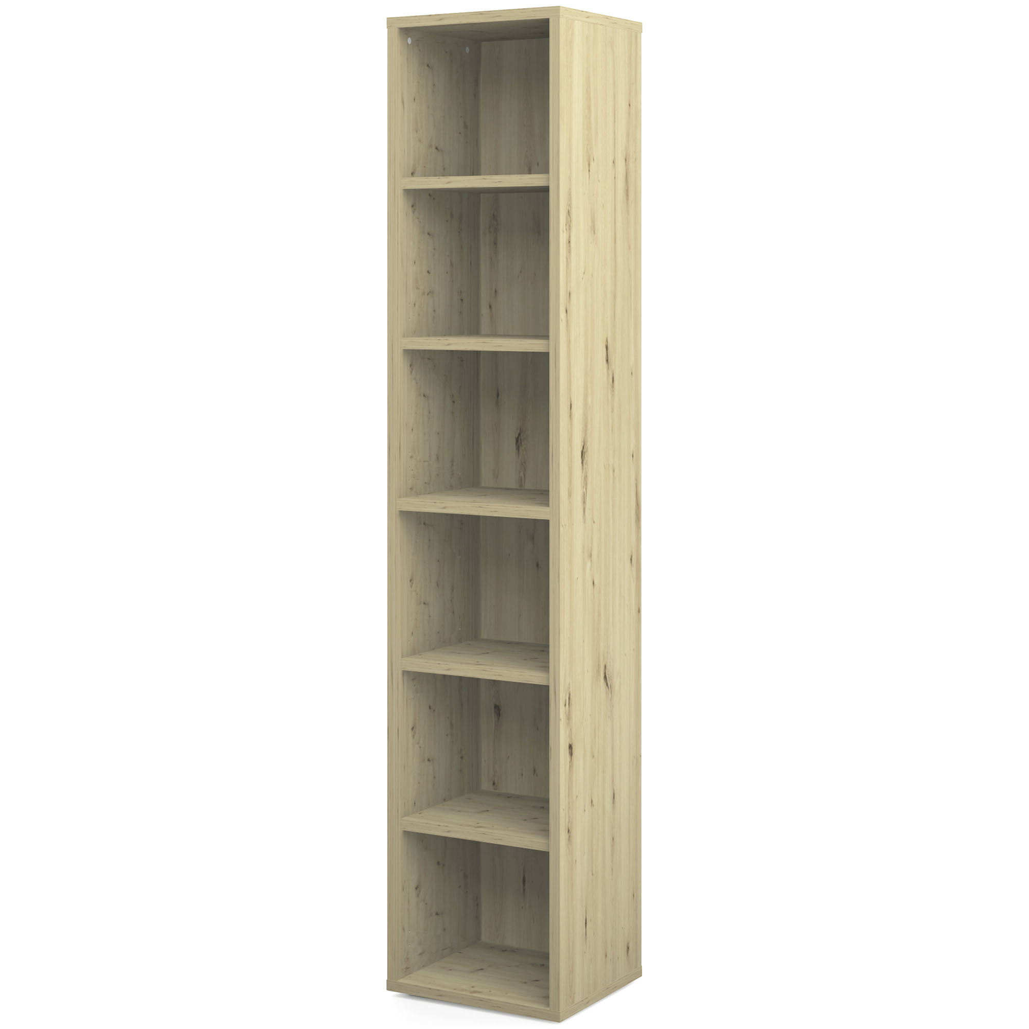 Schmaler Regalschrank in heller Eiche mit sechs offenen Fächern, modernes und schlichtes Design für Büro oder Wohnraum
