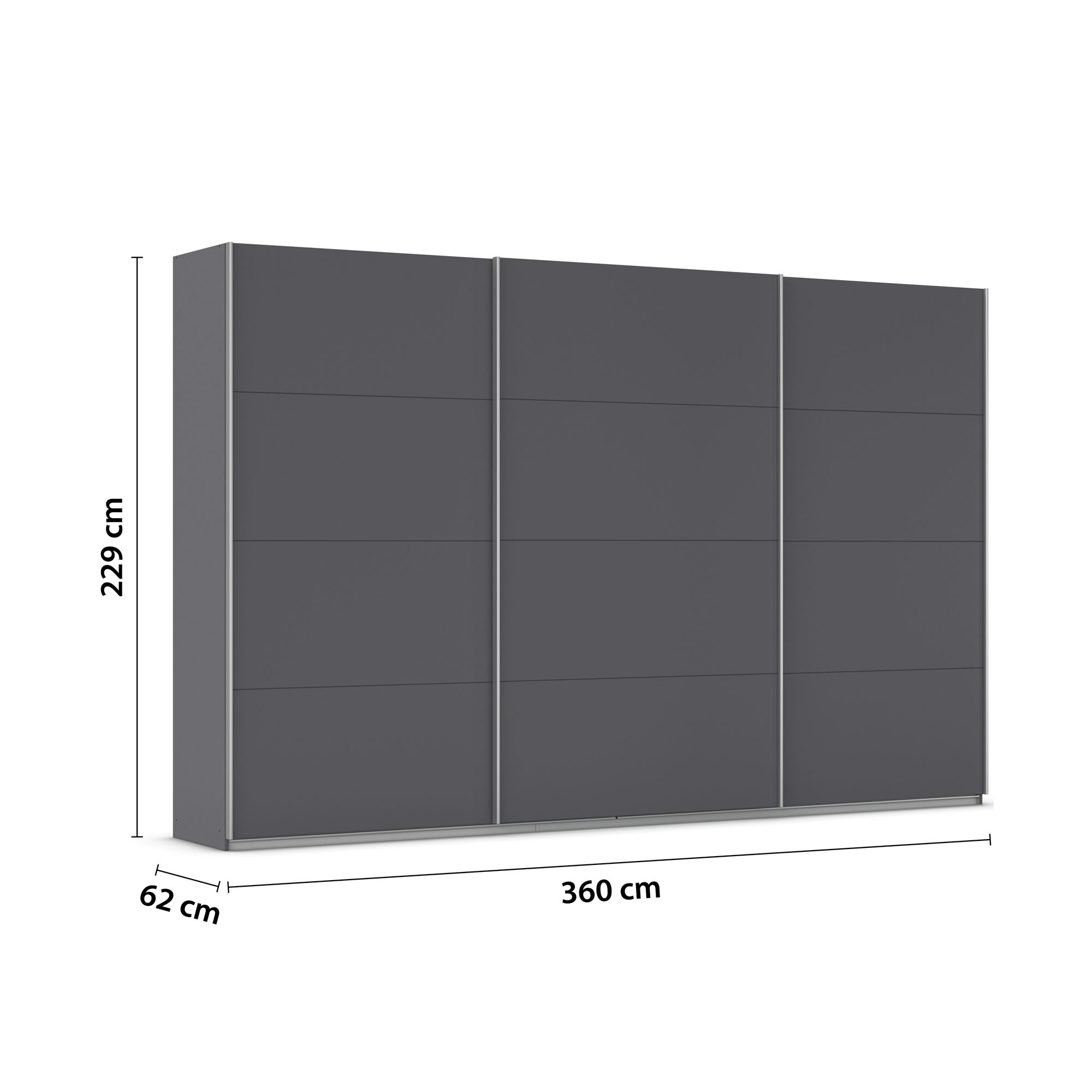Maßskizze des Schranks mit 360 cm Breite, 229 cm Höhe und 62 cm Tiefe