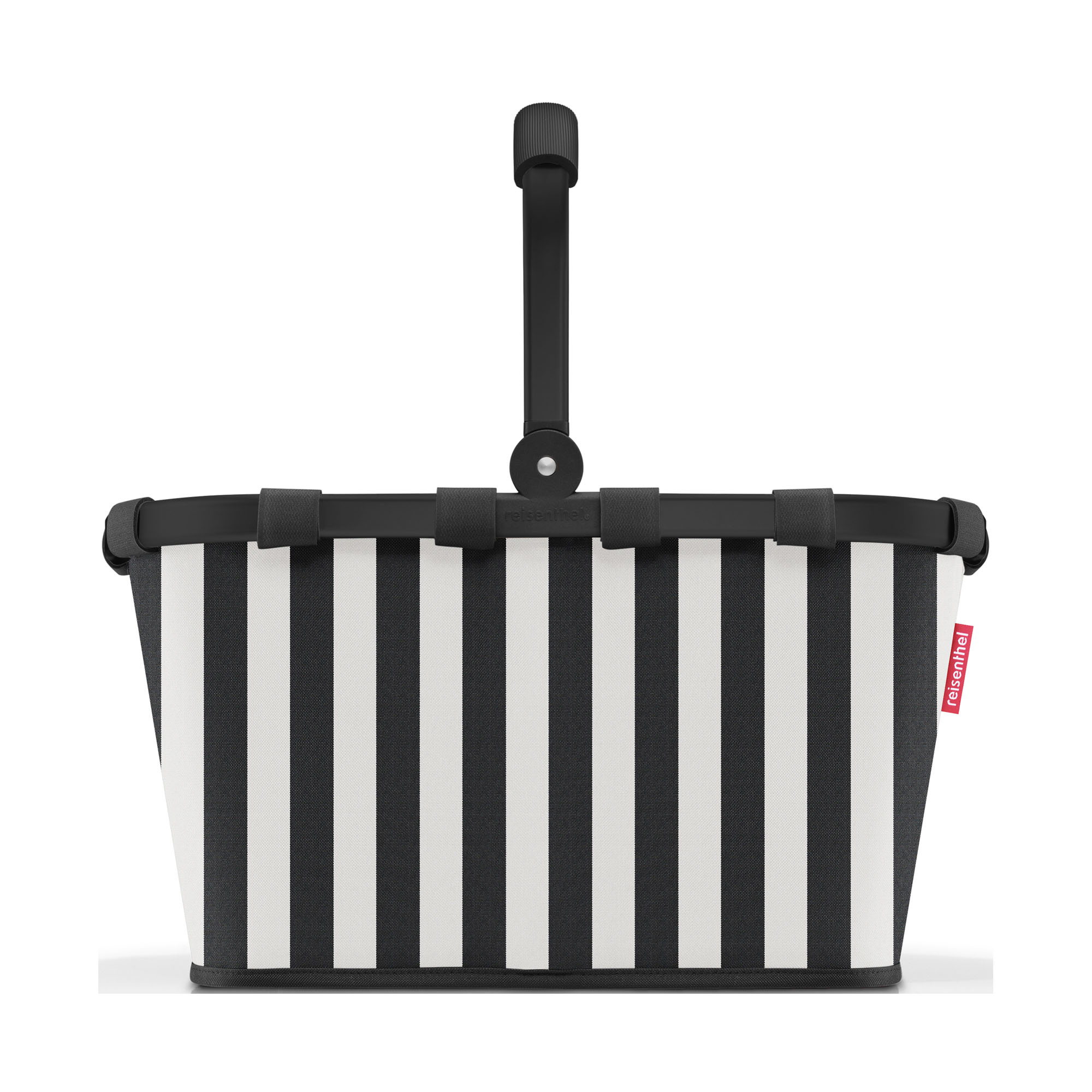 Carrybag Summerstripes Black mit vertikalen schwarz-weißen Streifen und hochgestelltem schwarzem Tragebügel