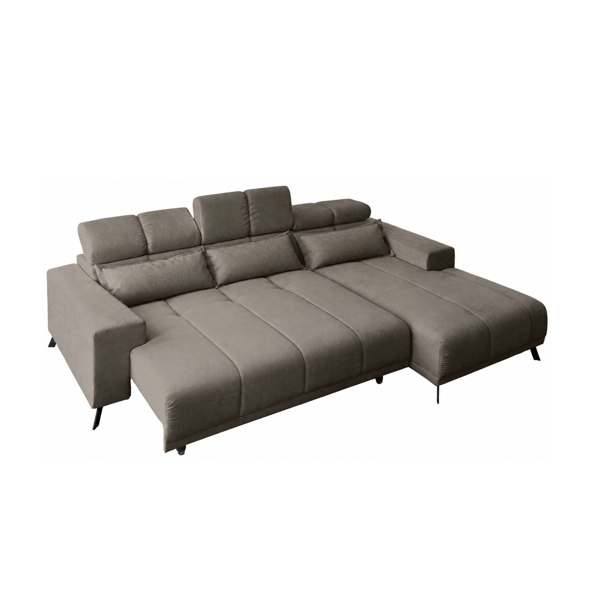 Hellgraues Ecksofa in Cord-Optik mit Ottomane rechts, ausgezogener Sitzfläche, verstellbaren Kopfstützen und schwarzen Metallfüßen