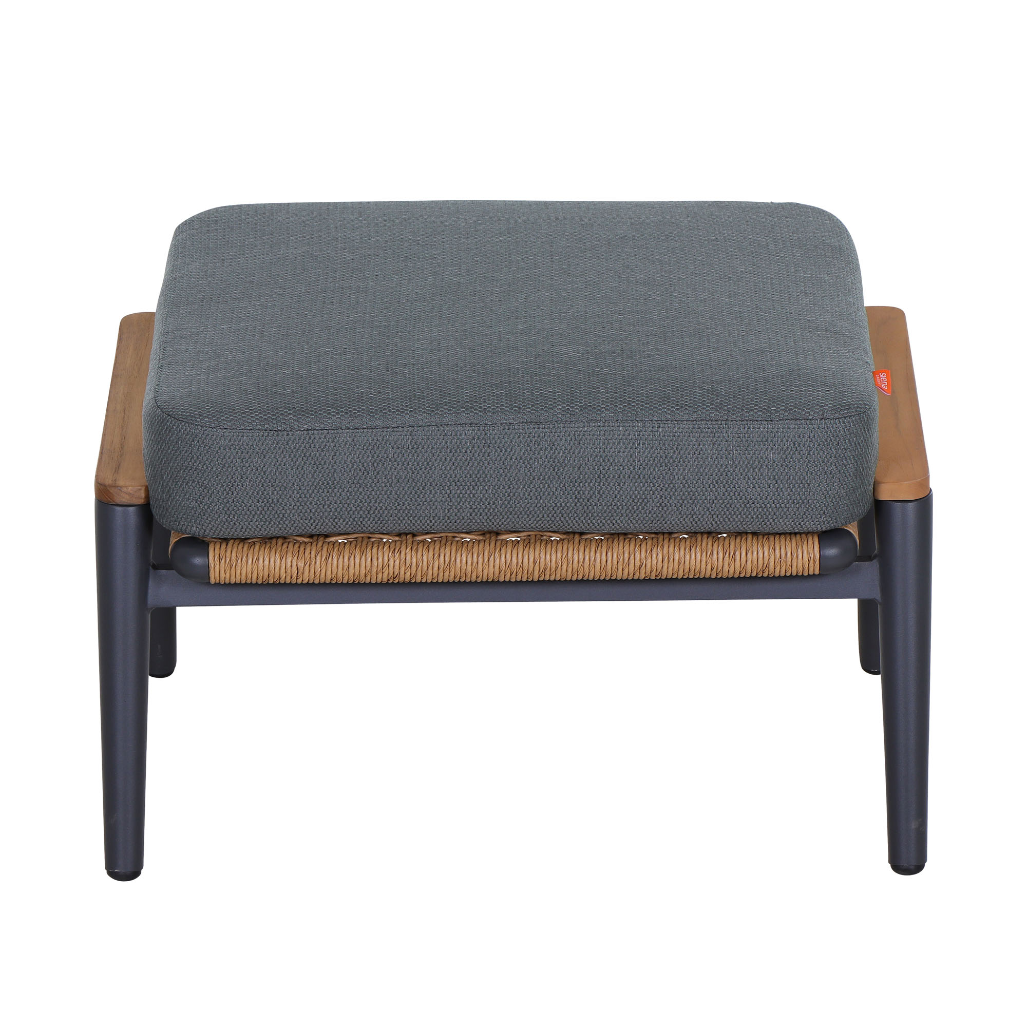 Moderner Hocker mit dunkelgrauem Sitzpolster, Holzdetails und Polyrattan-Elementen, frontal aufgenommen