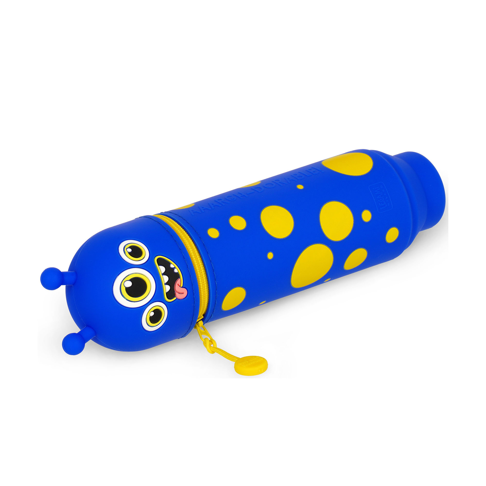 Blaues 2-in-1-Silikon-Federmäppchen im Monster-Design, geschlossen waagerecht auf weißem Hintergrund dargestellt.