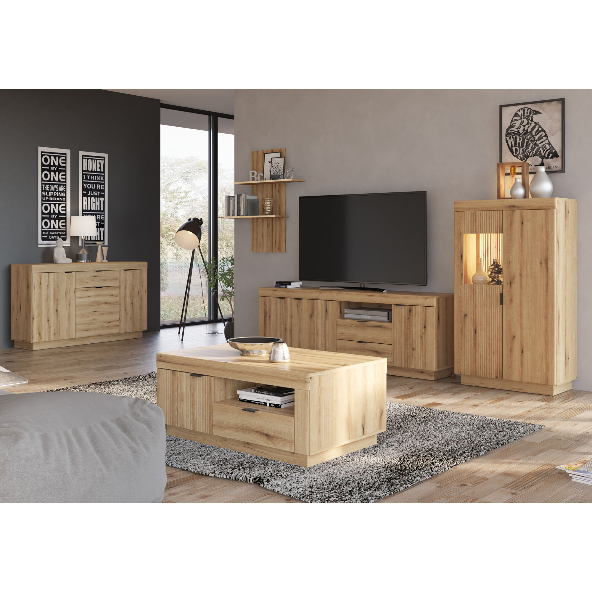 Delamar Wohnkombination in Eiche Artisan mit Sideboard, TV-Lowboard, beleuchteter Vitrine und Couchtisch in modernem Design