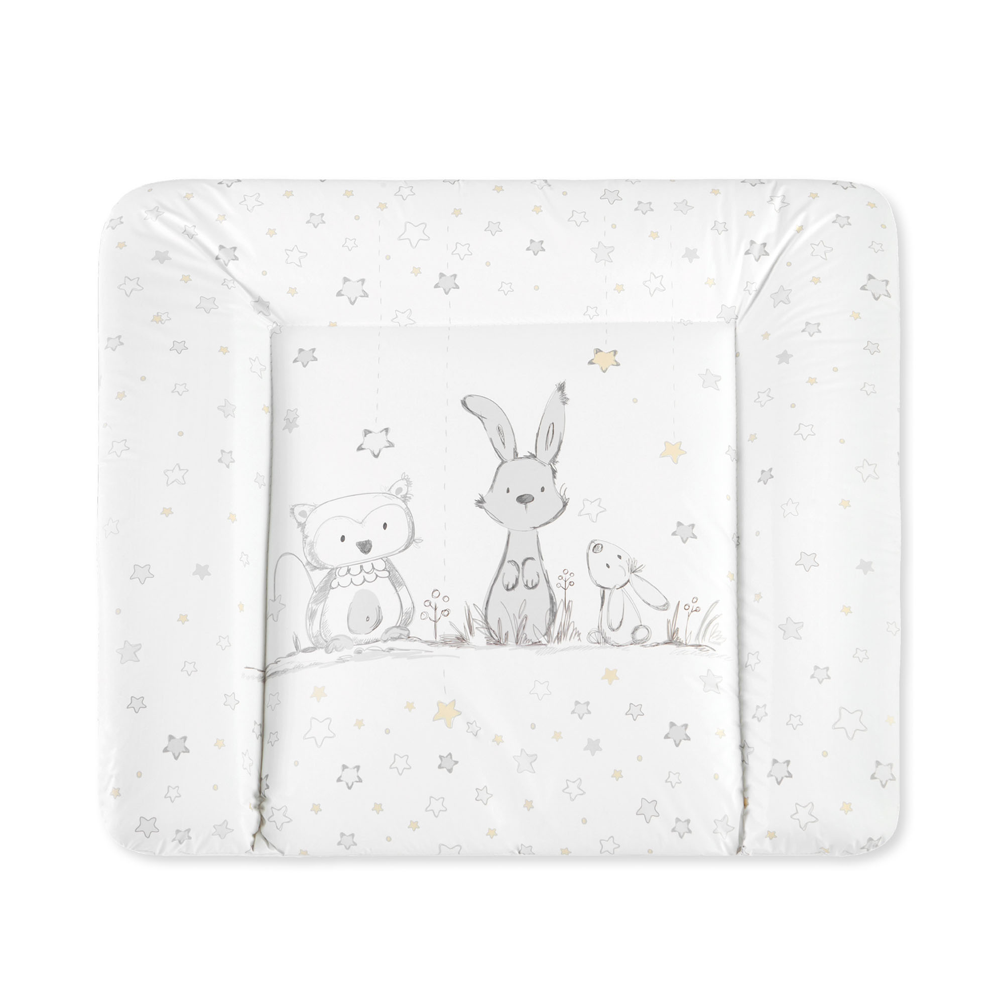 Weiße Wickelauflage mit gezeichneten Tierfiguren Fuchs, Hase und Kaninchen sowie kleinen Sternmotiven