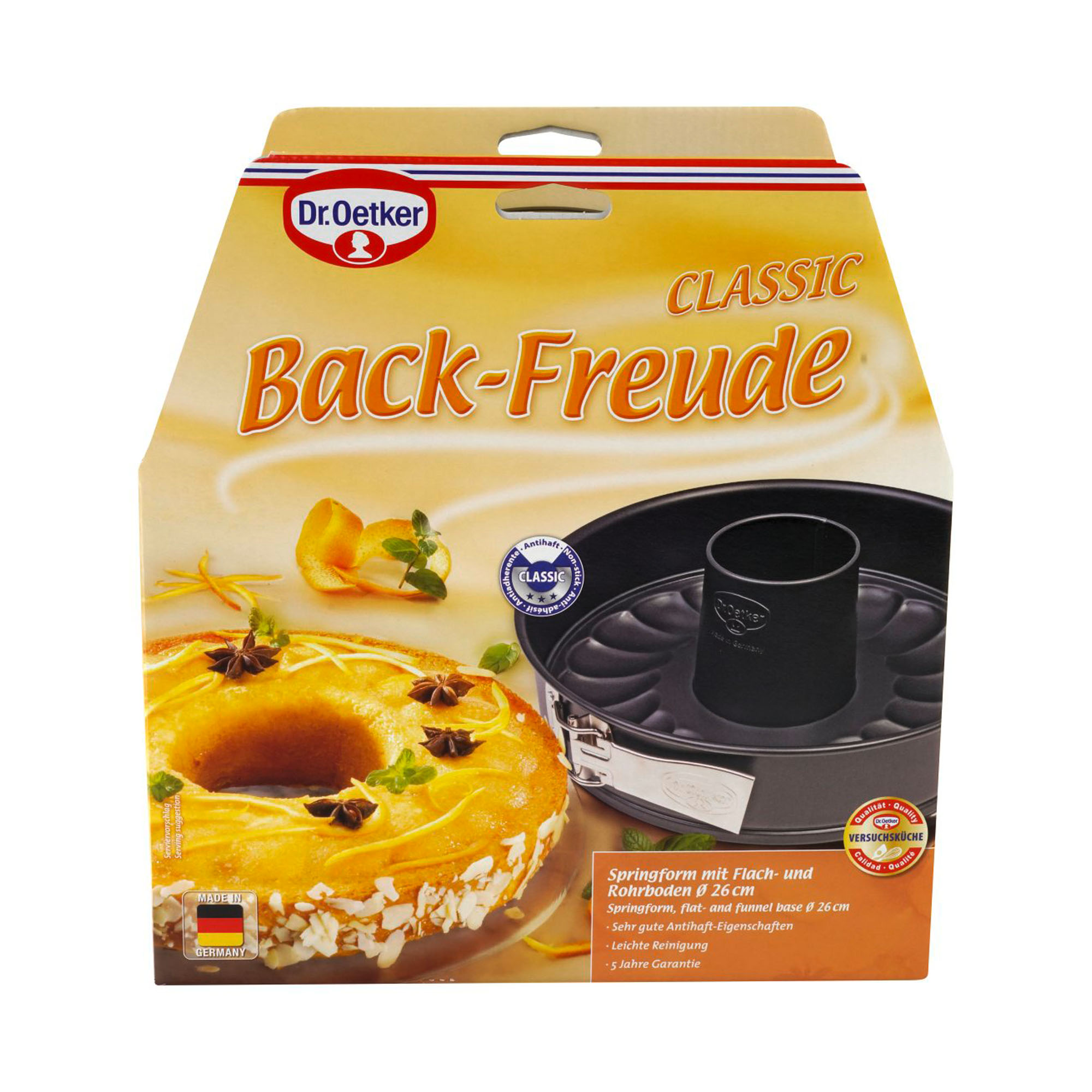 Verpackung der Springform 26 cm mit Kuchenmotiv und Produktabbildung