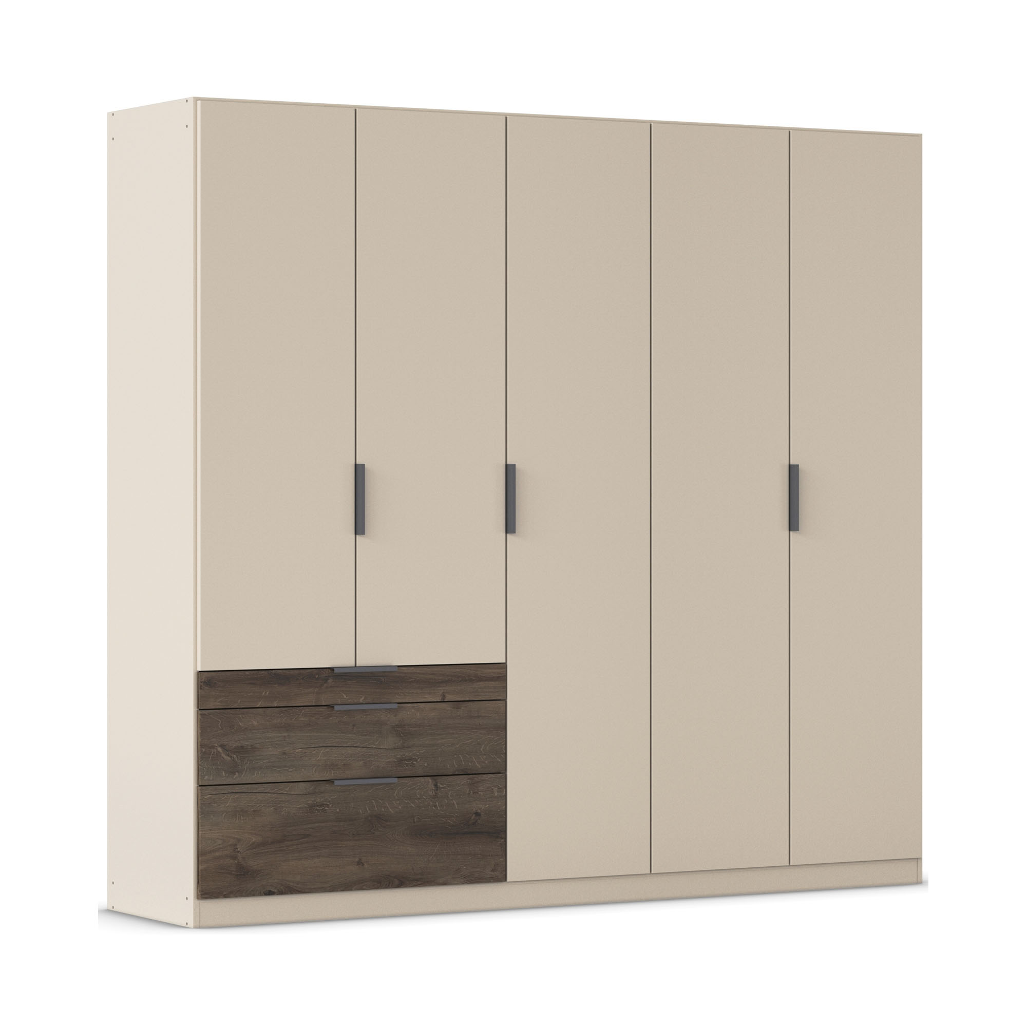 Drehtürenschrank in Champagner mit Absatz in Oak Dunkel, in Schrägansicht dargestellt.