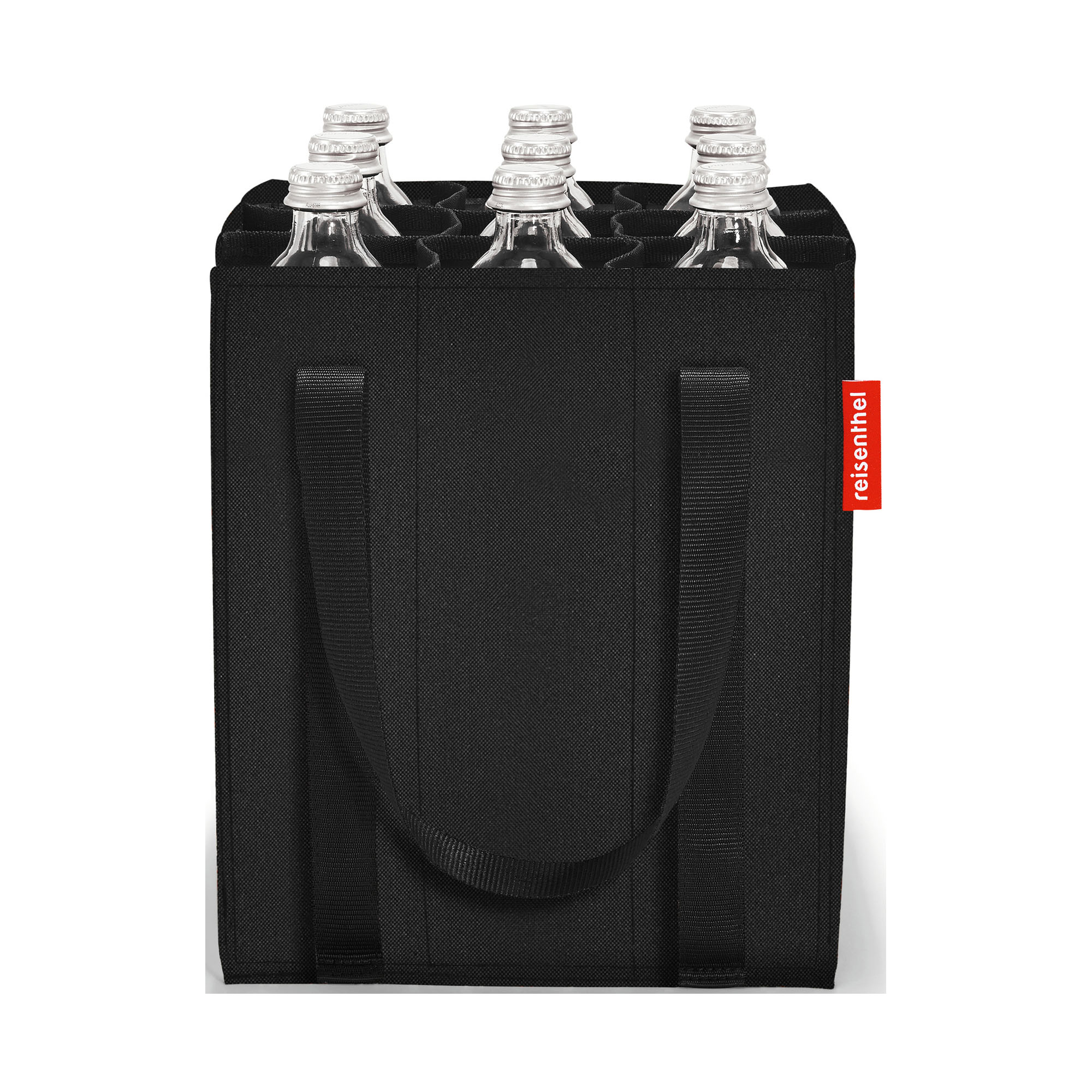 Flaschentasche von Reisenthel, Modell Bottlebag, in Schwarz, frontal mit mehreren eingesetzten Getränkeflaschen.