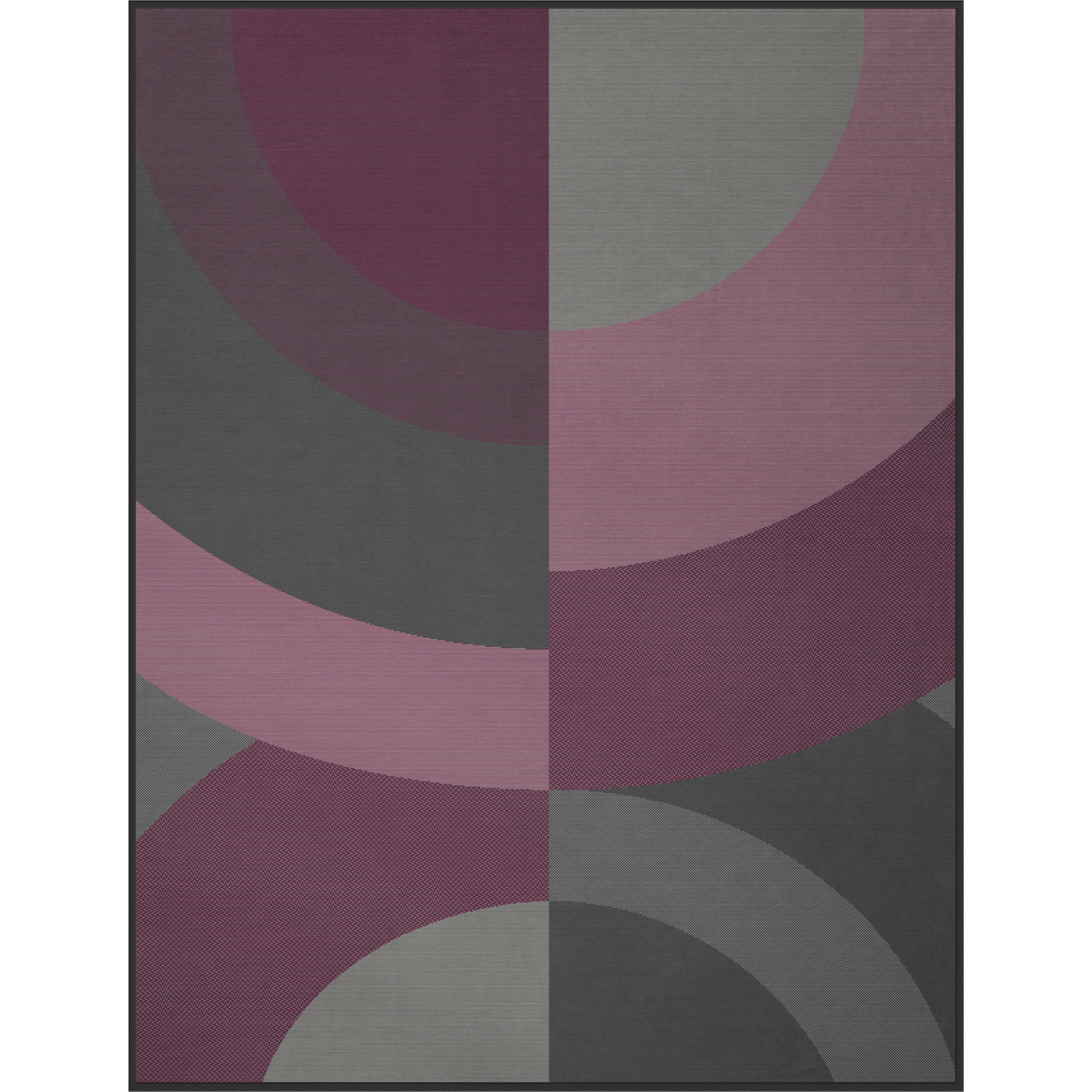 Flach dargestellte Wohndecke Cotton Home Hartford Burgundy mit halbkreisförmigem Muster in Bordeaux, Grau und Taupe.