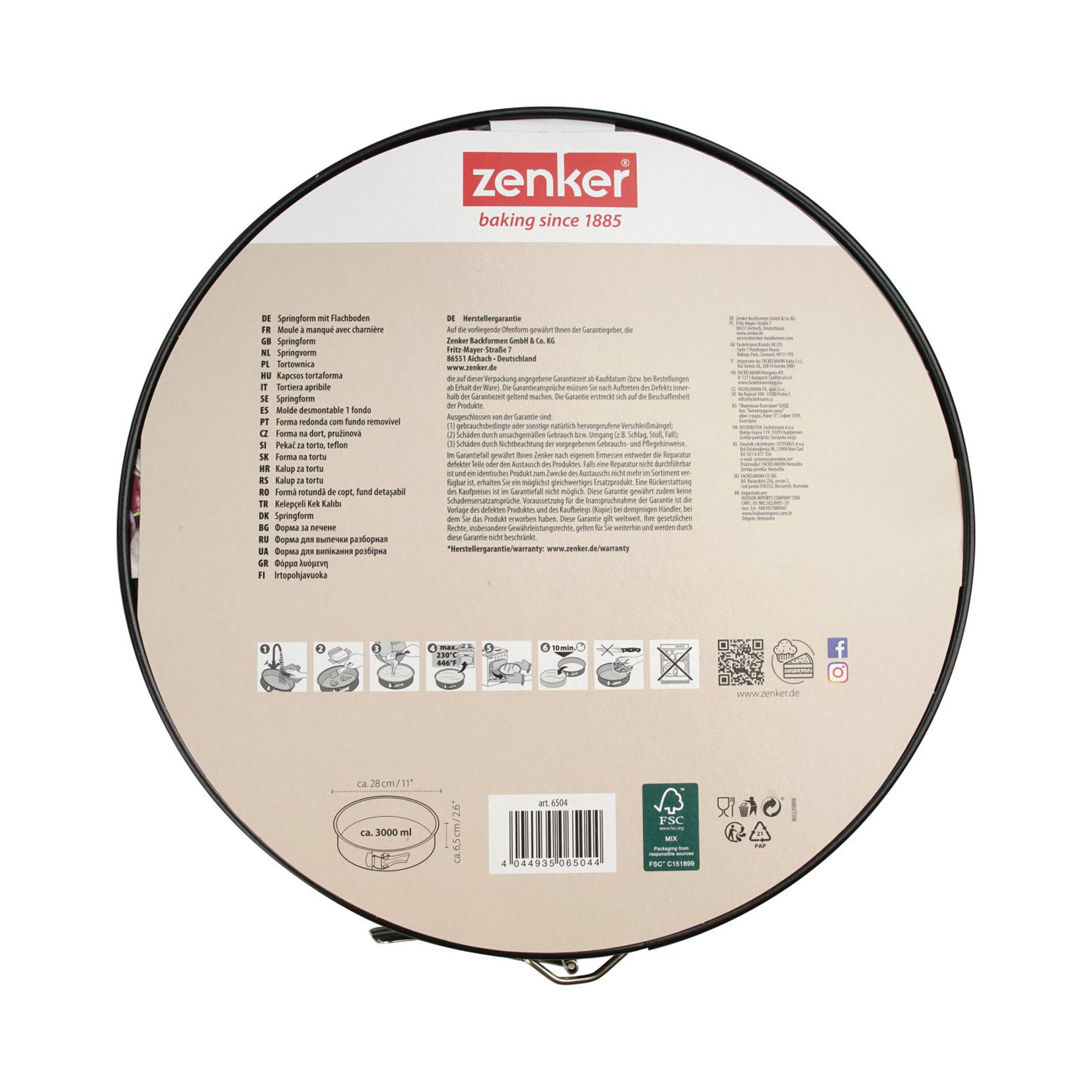 Rückseite der 28 cm Springform Verpackung mit Produktinformationen