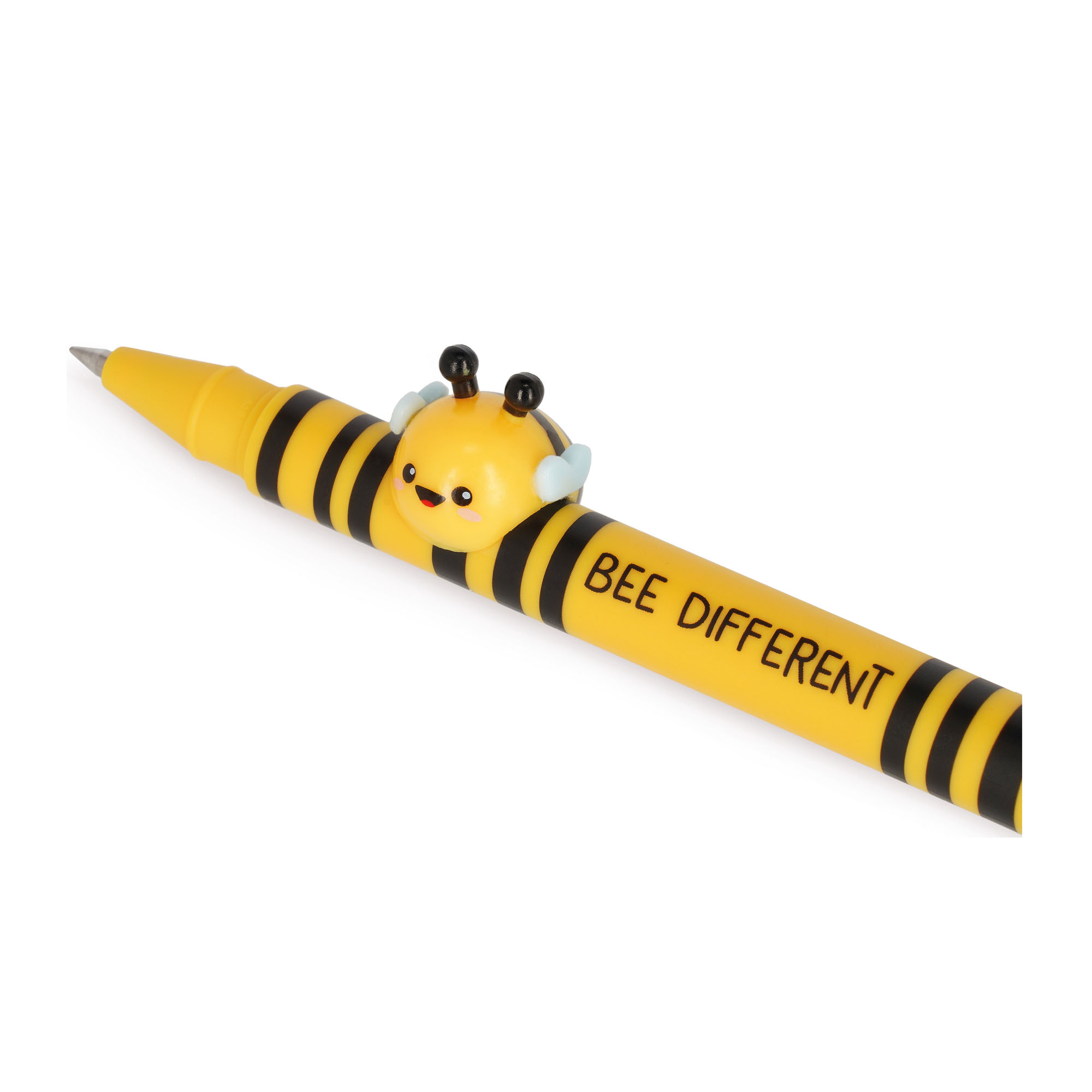Gelber Gelstift mit Bienenaufsatz, in Nahaufnahme mit Schreibspitze und Tieraufsatz gezeigt.