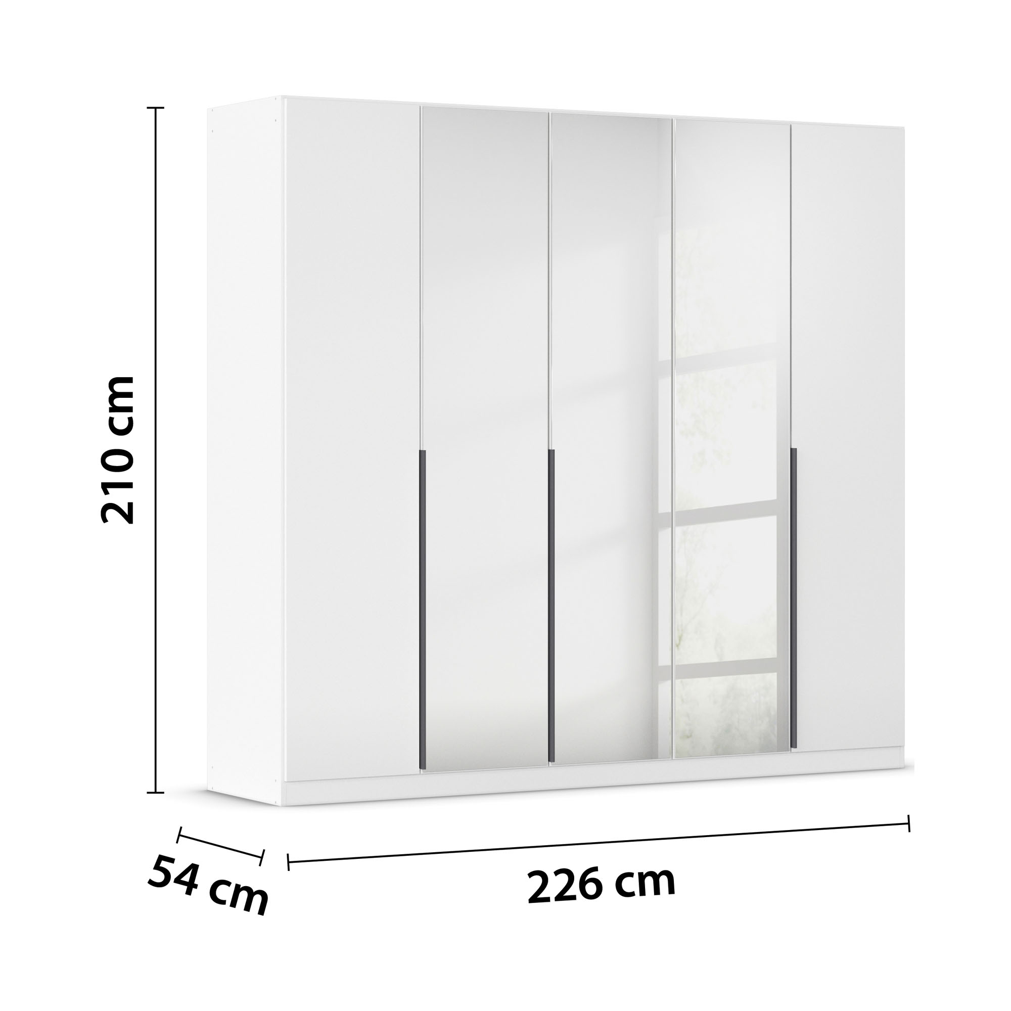 Großer Drehtürenschrank in Weiß Hochglanz mit fünf Türen und Spiegeltüren inklusive Maßangaben 226 cm Breite, 210 cm Höhe und 54 cm Tiefe