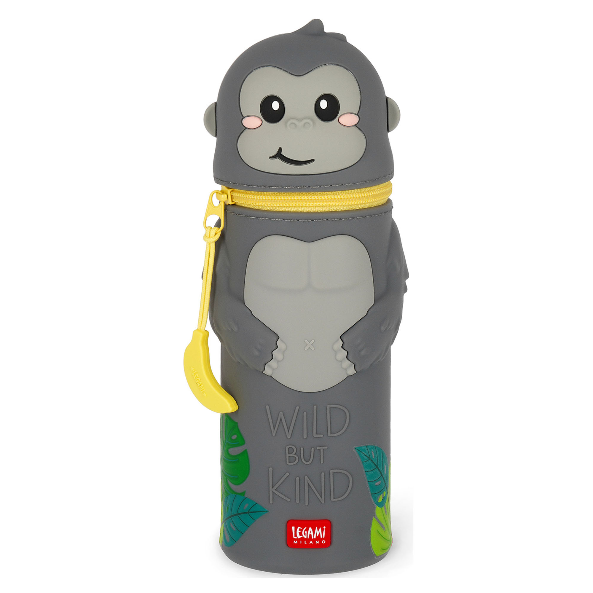 Graues 2-in-1-Silikon-Federmäppchen im Gorilla-Design, geschlossen und aufrecht als Tierfigur dargestellt.